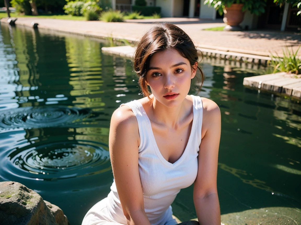Realistic Photography, Beautiful Young Female ,Short hair ,river, extremely delicate and beautiful},Outstanding light and shadow, highly detailed wallpaper,Clear and bright sunlight,