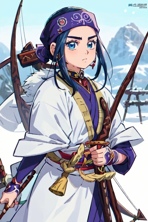 (highest quality, masterpiece, Raw photo,Super detailed:1.2), 1 girl,alone,looking at the viewer, brave face、 Ainu national costume、asirpa、shooting a bow、a close up of a person with a sword, inspired by Nishikawa Sukenobu, pixiv contest winner, shin hanga, blue scales. playing in the snow, fragile girl holding an arrow, naranbaatar ganbold, ninja scroll anime style, detailed character art, 2 0 2 2 anime style, wind sorcerer!, hd artwork, maplestory