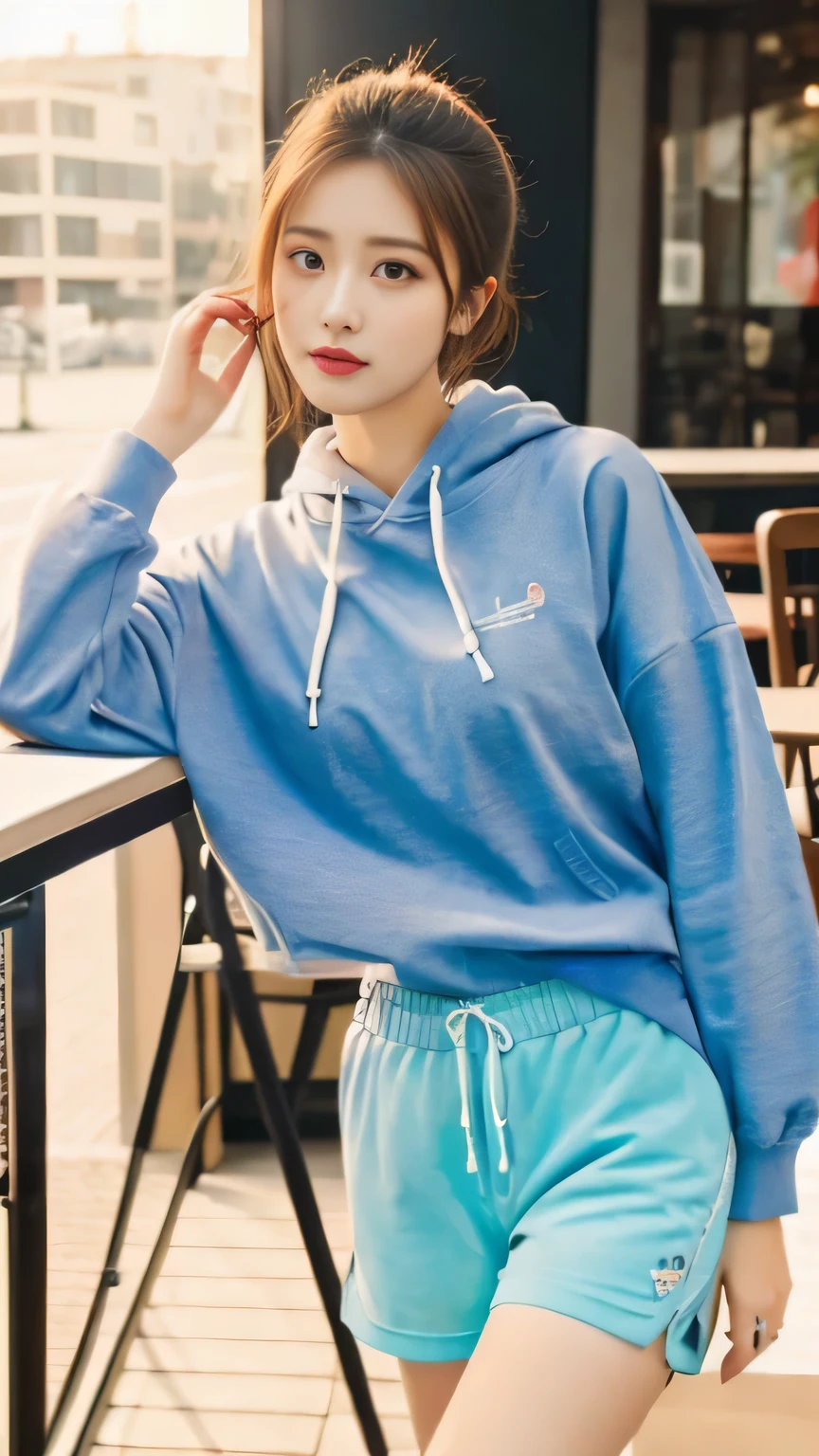 (8K, original photo, best quality, masterpiece), (actual, photo-actual:1.2), Super detailed, 1 girl, Lovely, alone, beautiful detailed sky, Detail of cafe, night, sitting, Dating, dose blush, Keep your mouth shut, beautiful and delicate eyes, wearing a hoodie, dolphin shorts, medium build, flowing hair, long blue hair, girl, feminine, pink eyes, Ultra-fine details, Complex scenes, ambient light, soft light, elegant, symmetrical facial features, precise , anatomically correct girl, landscape, gossamer, ethereal, whole body, ponytail, Moderate, Moderate, Sensible, ,