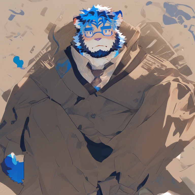 02:15:55 
A furry humanoid blue cat. He wears a gray sweater with a paw logo, he also wears brown shorts, Its paws are showing. 