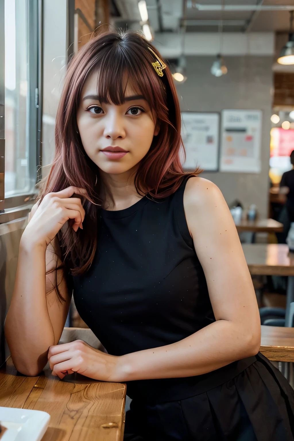 Portrait of A confident-looking 21 year half Indian half Japanese corporate girl, selfie, closeup, black casual top and skirt, abs visible, coffee shop background, office clothes, pink hair, bangs, small eyes, piercing, hazel eyes, perfect composition, hyperrealistic, super detailed, 8k, high quality, highly detailed, masterpiece, closeup, super realistic