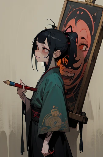 ((Punk Rock Girl)),, ((Painting on a wall with a large Chinese paintbrush)), scribble, nightmare, doll-like face, cartoon style, rough sketch, Horror elements, (masterpiece), (High resolution), (super delicate), (clear), Comic style illustration, (drawing style), warm color, (Horror elements), Japanese painting, full body, Apparition, angle, (snap shot), bugaboo, That's horrible, (Creepy), Japanese carving, primitive art, old picture scroll style, old staging, Ancient mural style, crazy illustration, antique, dark atmosphere, flat illustration, crazy smile, Creepyな外観, Distinctive messy hairstyle, creative accessories, unique atmosphere