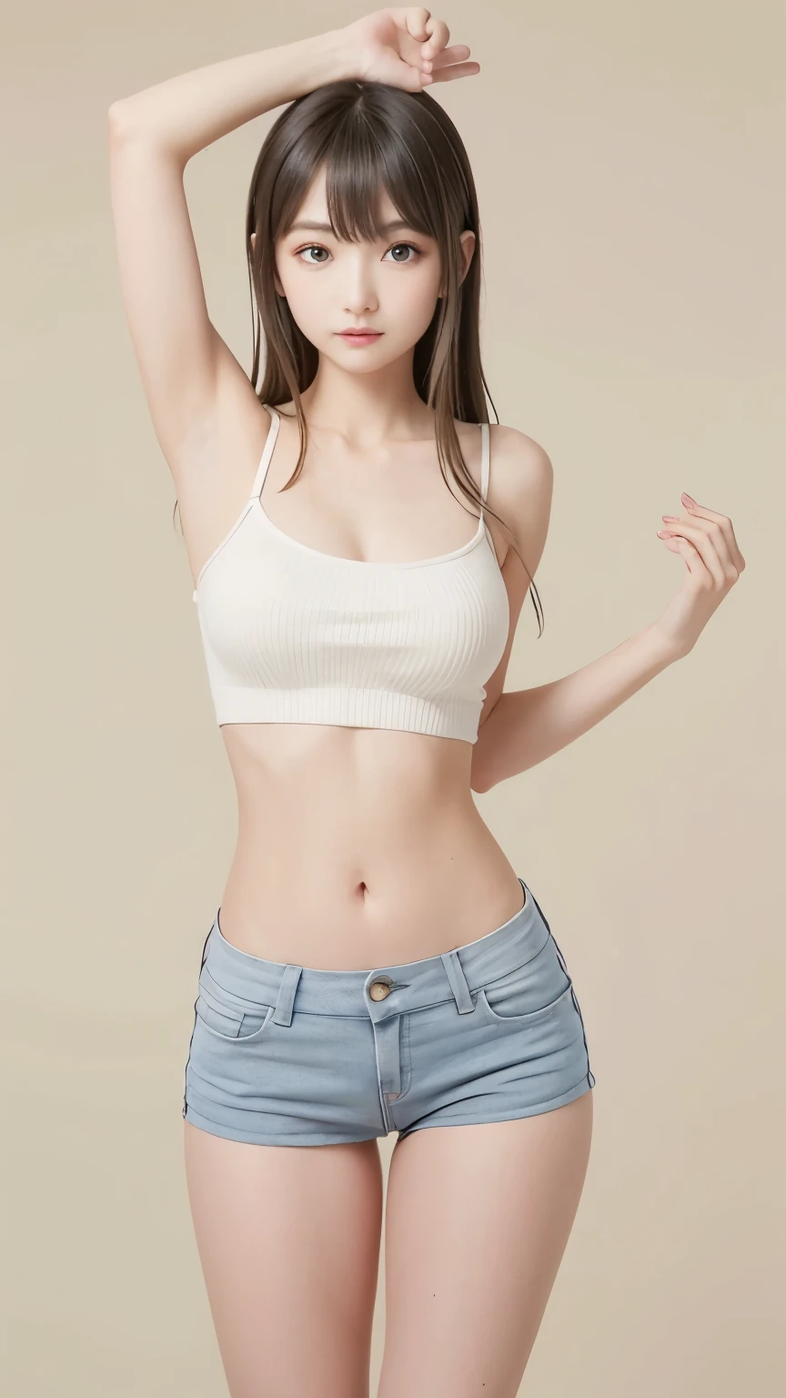 masterpiece,highest quality,1 girl,delicined face, 前hair, just_arm, just_shoulder, green_eye, (very thin waist:1.48)、(A very narrow waist:1.48)、(soft big breasts:1.48)、clavicle, cowboy_shot, crop_superior, High leg, High leg_panties, length_hair, looking for_in_peeping in the viewer, belly button, panties, realistic, short_shorts, shorts,  一人in, Are standing, underwear,