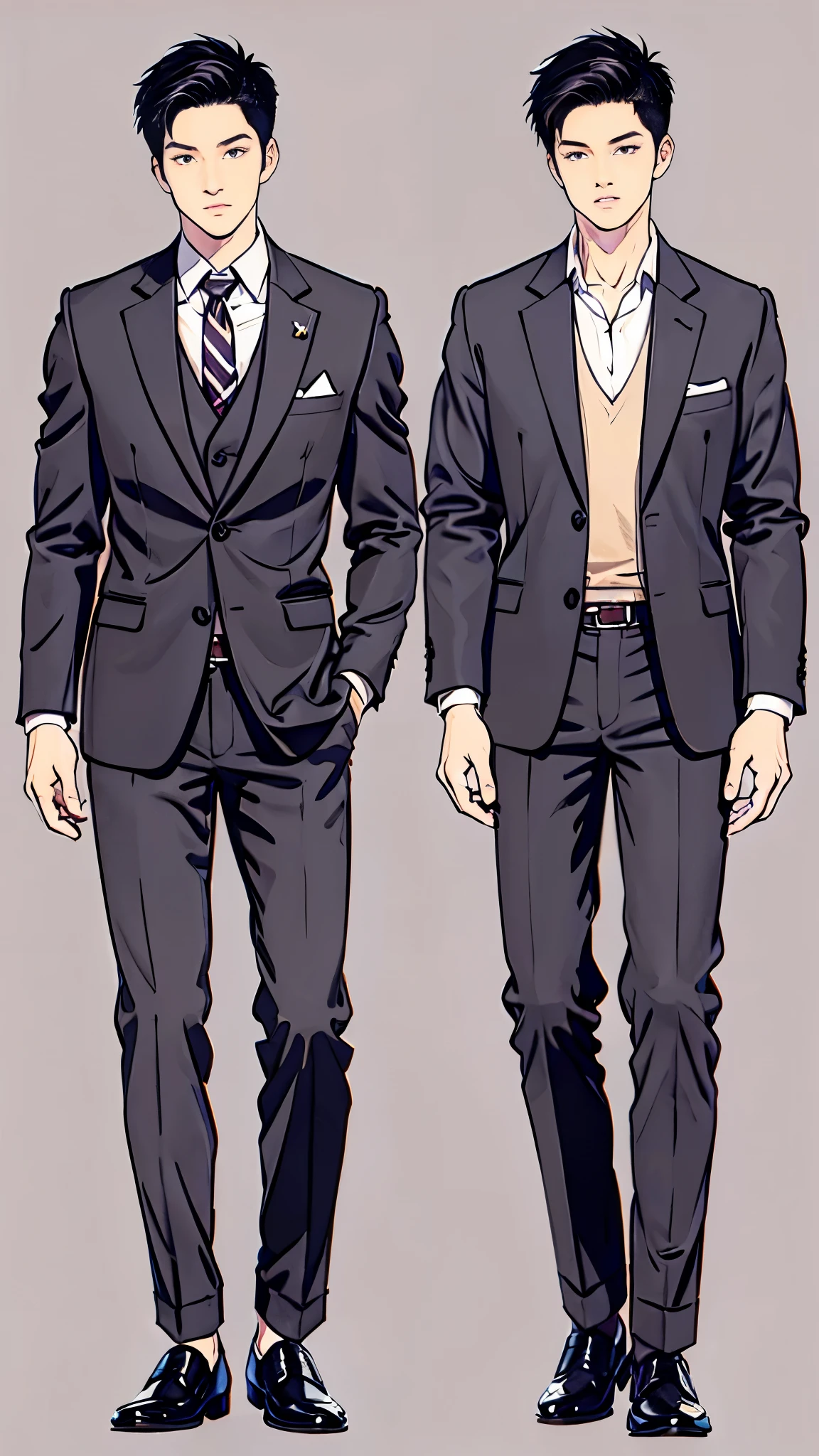 ((best quality,4k,highres,masterpiece:1.2)),((character concept art)), 1 male, teenage male, Japanese Rich ???, ((black hair, stylishly tousled)), black hair, (fair skin colour), ultra finely detailed eyes (black eyes colour), handsome, tall, lean muscular body build, ((intricate detail)), super finely detailed hands, ultra finely detailed fingers(((ten fingers))), tailored wool pants, polo shirt, brown penny loafers, (standing confidently), womanizer, charming, outgoing, spoiled, (full body showcase), (show full body), (no logos on background), (no logo), ((plain background)), ((plain background)), (((empty background)))