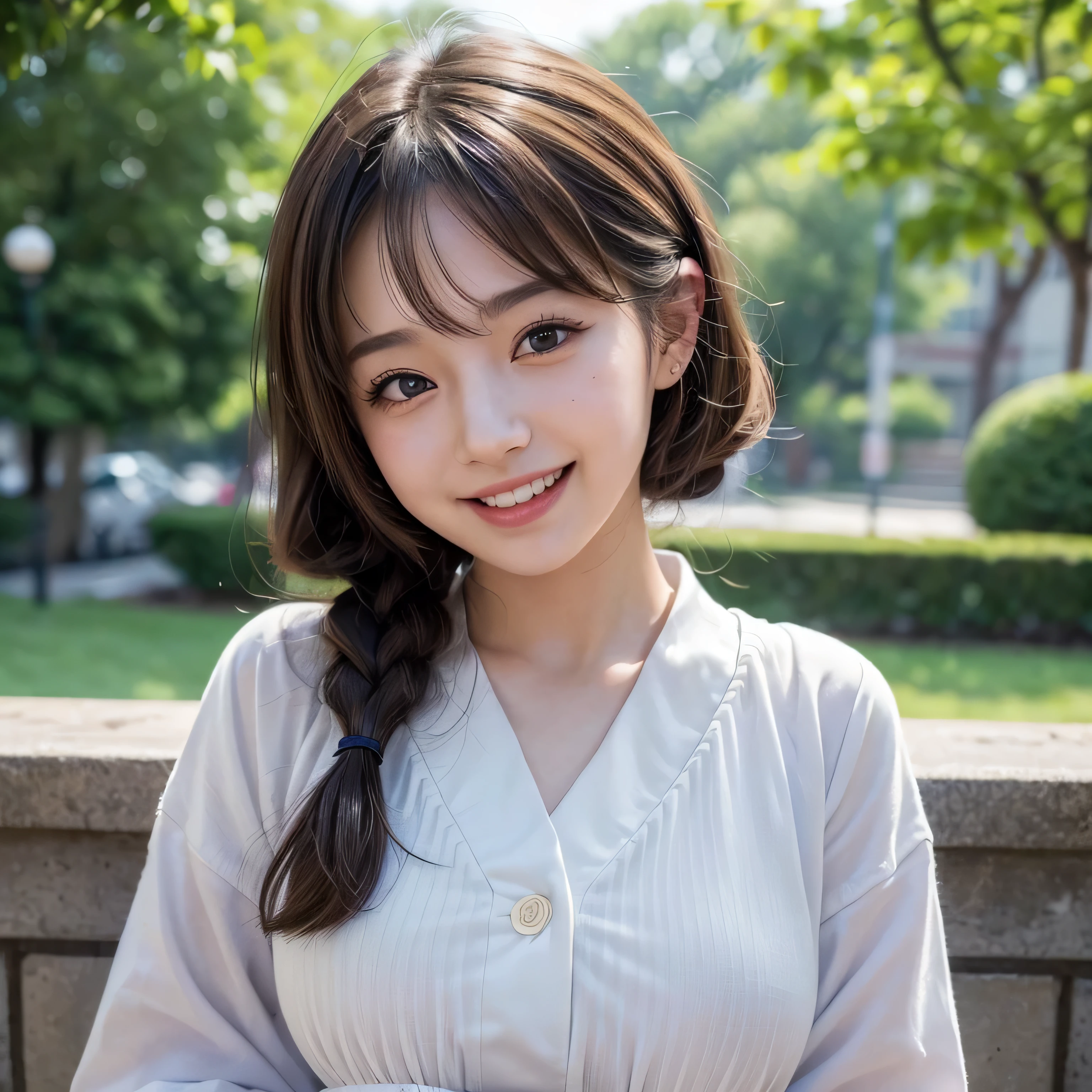 (masterpiece, best quality:1.4), (Realstic, photorealestic:1.37), from the front, (((POV))), bokeh, shallow depth of field, Japanese idol, high school student, big tits, brown Shortcut Hair, twintails, big laugh,cute clothes,(((looking at viewer)))