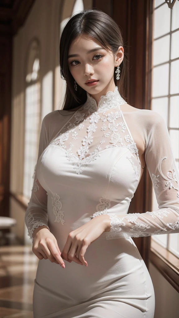 labios ligeramente abiertos, a woman in a white dress posing for a picture, dressed in white intricate lace, sexy gown, intricate body, intricate and elegant, stunning elegant, intricate white dress, white lace, intricate upper body, intricate dress, sexy dress, elegant and graceful, elegant posed, beautiful detailed elegant, beautiful south korean woman, beautiful and elegant, intricate outfit, intricate gown