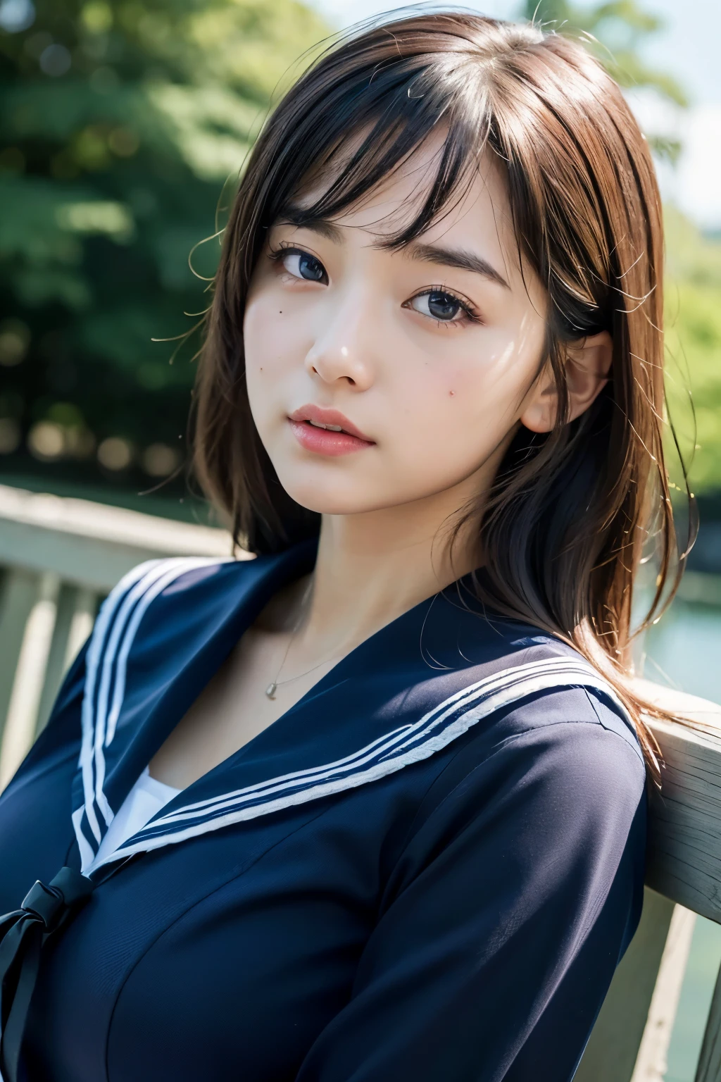 1 girl、(Highest image quality:1.4)、(Super detailed)、(Super detailed美顔)、(real、photorealistic:1.37)、wonderful face and eyes、black eye、black hair、(sailor suit、school uniform:1.2)、(cleavage)、smooth、Highly detailed CG integrated 8K wallpaper、High resolution raw color photos、professional photos、Light、Backlight、dream-like、impressive、Write boundary depth