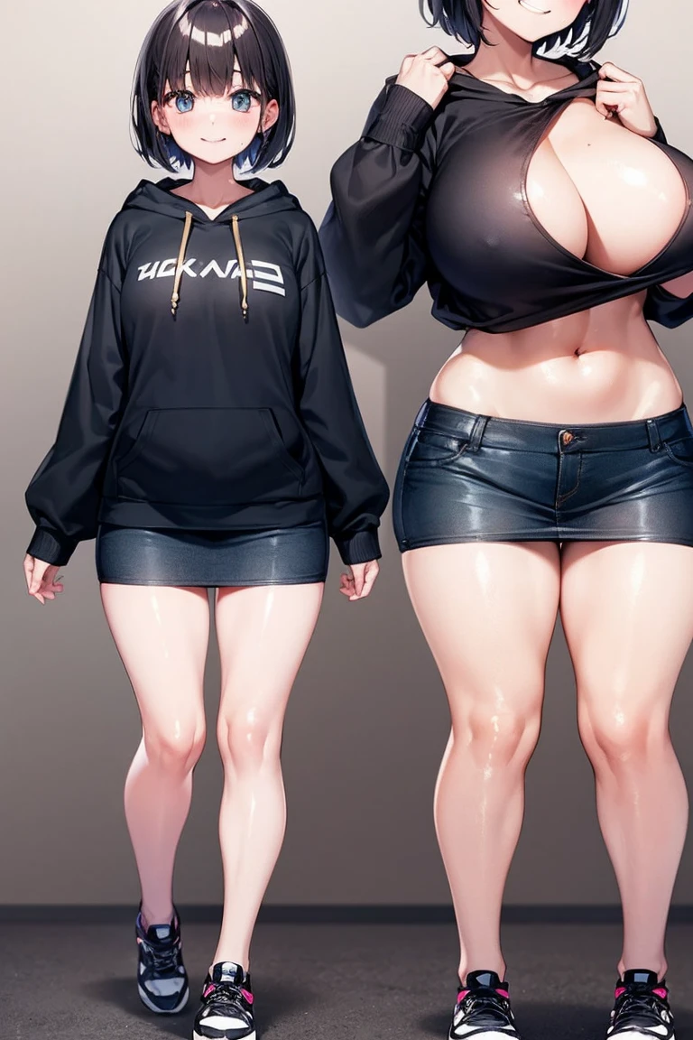 hoodie、Tight Skirt、shoes、Are standing、extraordinary smile、 teenage woman、short hair、breasts bigger than face、(shiny skin:1.4)、The whole body is shown、