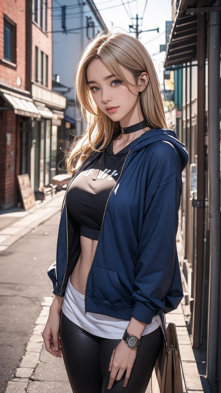 23 year old white female、platinum blonde、blue eyes、long hair、my hair is wavy、accessories on the wrist、wearing a choker、smile、Navel is coming out、big breasty abs are cracked、slim muscular body、I don't want my head to disappear from the screen.、I'm in a back alley in a downtown area at night、wearing a hoodie and covering the hood、Look at me while hiding your face with the hood、I'm wearing leggings、standing sideways、I'm punching my chest、shiny skin、I'm wearing headphones