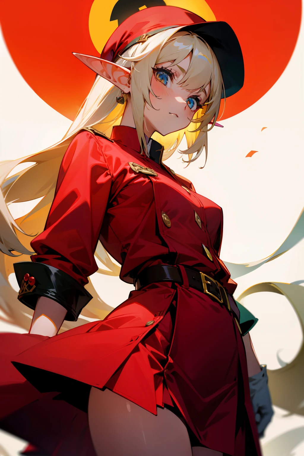 Girl, elf, red clothes, yellow hat, yellow buttons, black belt, short red skirt, medium-sized breasts