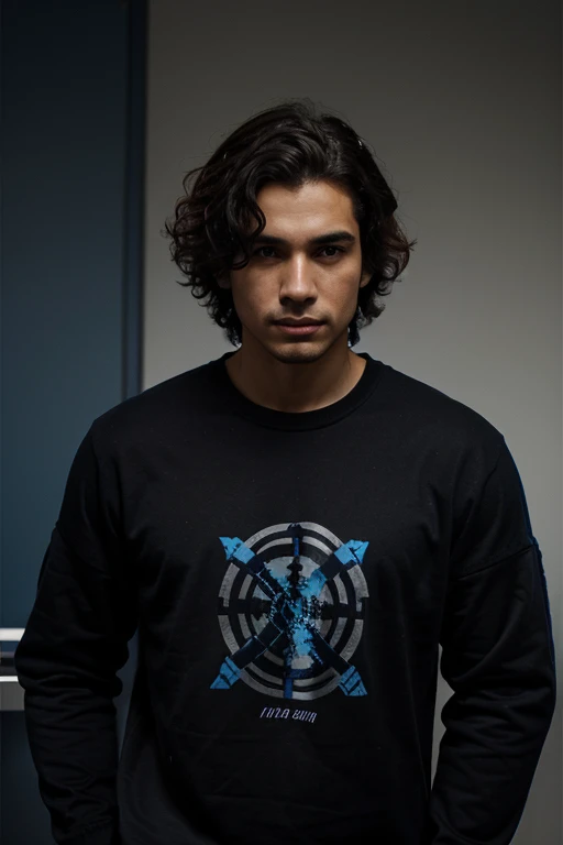 un chico con rulos estilo aestetic, sudadera negra, fondo azul oscuro