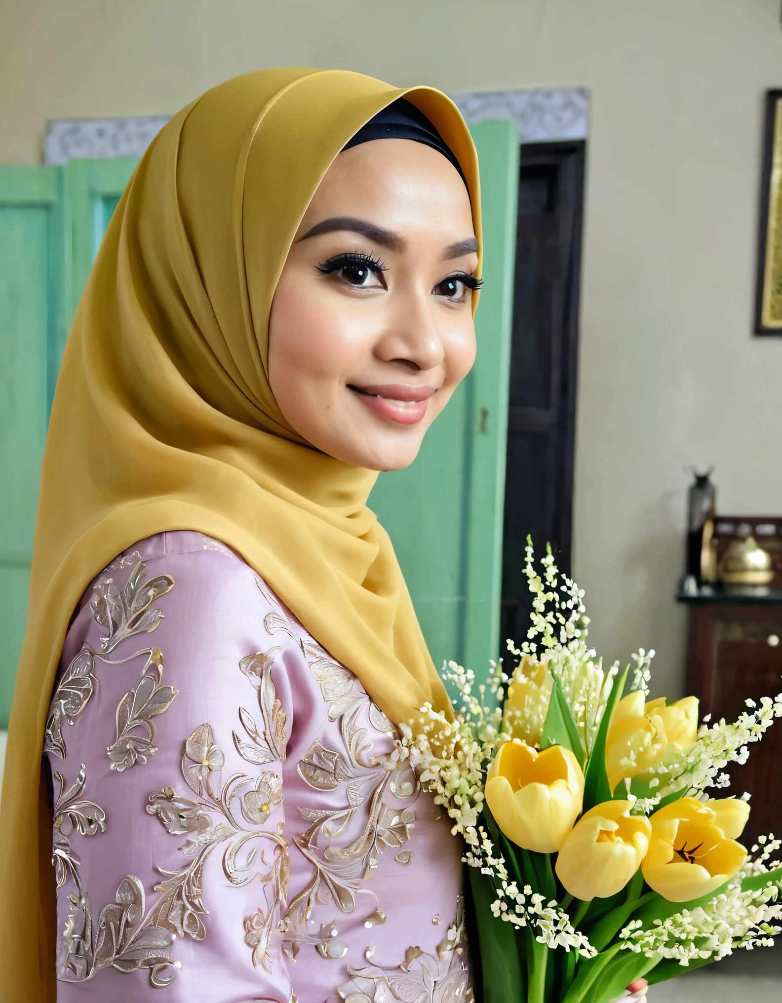 buatlah freme lebaran berisi photo asli seorang pria berusia 25 tahun memakai baju muslim dan peci berpose namaste bersama istrinya yang berusia 23 tahun memakai hijab dan gaun muslimah, pasangan ini berdiri bersama dua orang anak perempuan yang berusia 5 tahun dan 7 tahun yang juga memakai nusana muslimah berpose namaste. pinggiran bingkai dihiasi ornamen lebaran, ketupat, bunga dan terdapat tulisan dibagian bawah bingkai dengan warna emas dengan kata-kata "SELAMAT IDUL FITRI"