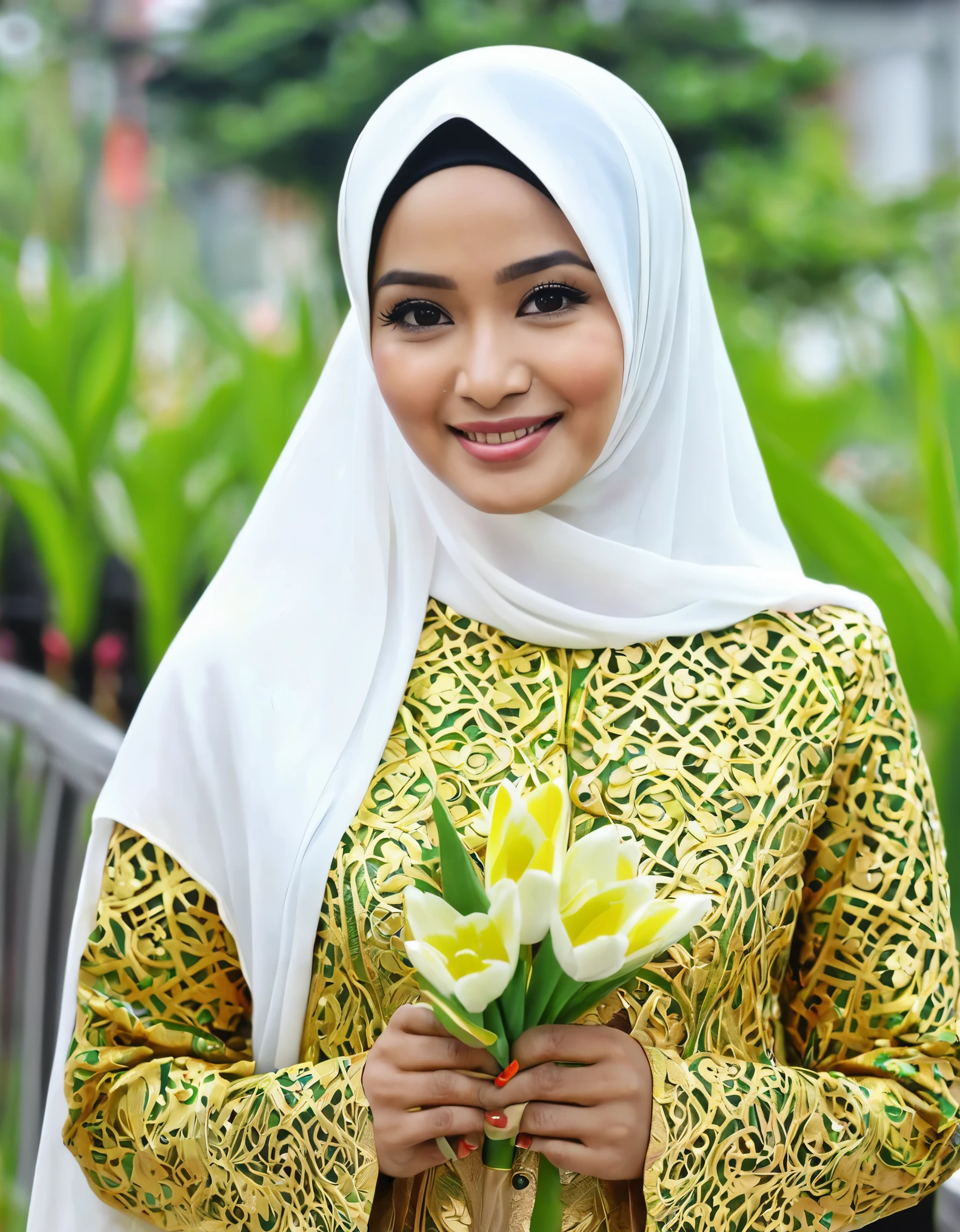 buatlah freme lebaran berisi photo asli seorang pria berusia 25 tahun memakai baju muslim dan peci berpose namaste bersama istrinya yang berusia 23 tahun memakai hijab dan gaun muslimah, pasangan ini berdiri bersama dua orang anak perempuan yang berusia 5 tahun dan 7 tahun yang juga memakai nusana muslimah berpose namaste. pinggiran bingkai dihiasi ornamen lebaran, ketupat, bunga dan terdapat tulisan dibagian bawah bingkai dengan warna emas dengan kata-kata "SELAMAT IDUL FITRI"