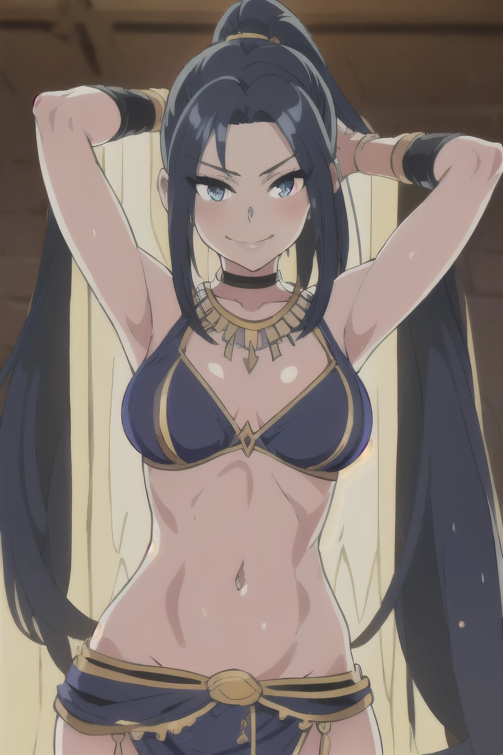Ao Ohtori, 1girl, solo, long hair, blue hair, large breast, masterpiece, best quality, highly detailed ,glint,halterneck,gold_choker, complex detailed background,
inside, stone wall, ancient interior, ancient egyptian room, hieroglyphs, dark lighting, dark
atmosphere, (cowboy shot), holding a sword, sword, belly_chain,harem_outfit,navel, necklace,
pelvic_curtain,revealing_clothes, veil,masterpiece,best quality,1girl,mature,evil smile, smile,
female,mature,necklace,pendant, (nsfw) not safe for work, exposed belly, exposed navel, exposed
midriff, exposed lower belly, lipstick,open arms sideway, arms T-pose, smirk, standing, anime girl T posing