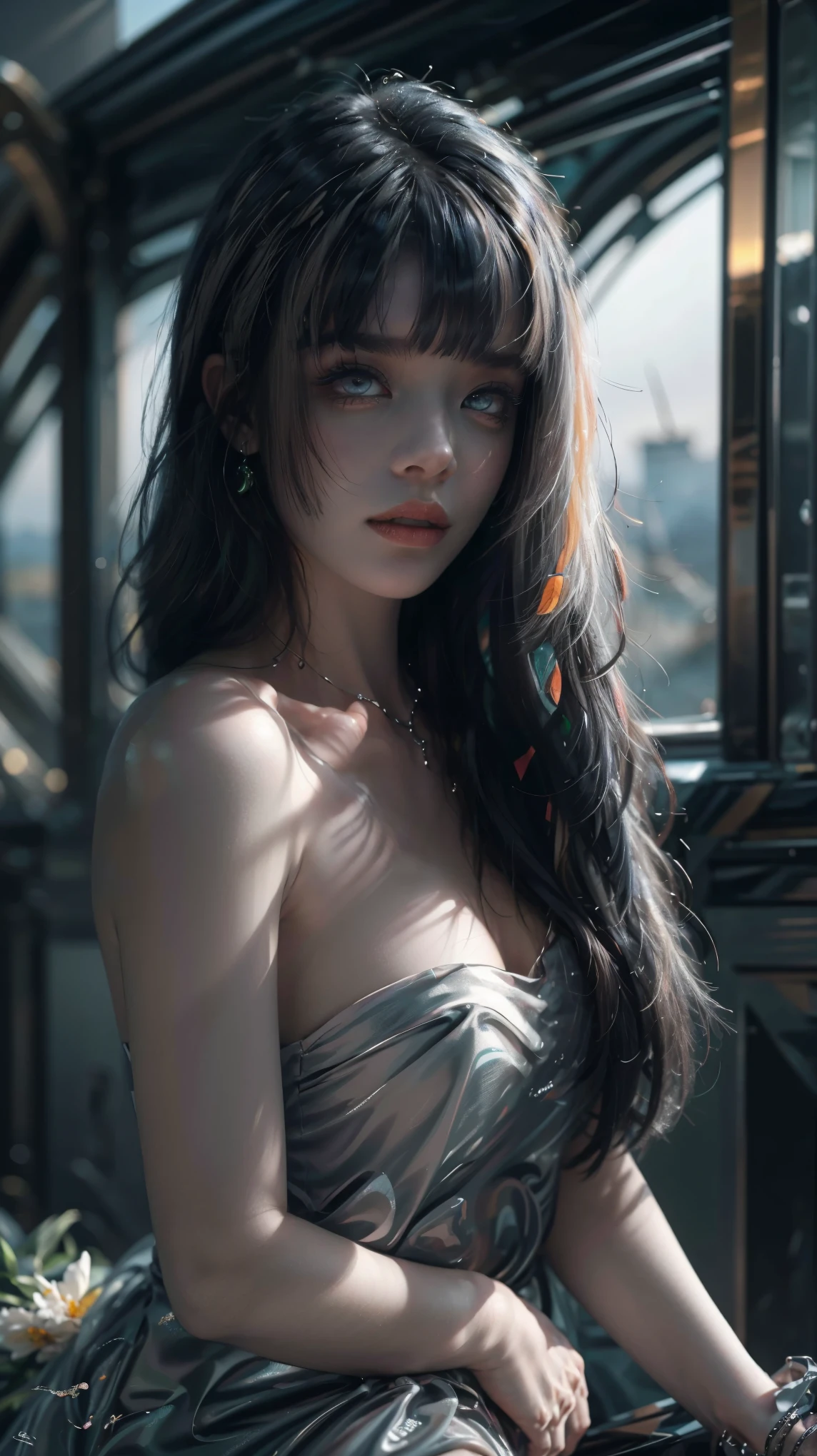 ultra hd, Qualidade 8K, uma garota, feliz, cabelo muito comprido, olhos fechados, shiny lips, vestido cristalino verde, vestido laranja, cristais alaranjados, Luzes refletivas em cristais, espalhando luzes laranjas, pose atraente, captura de corpo inteiro, cor fluorescente, 1 garota, olhar para o lado, rosto bonito, Olhos bonitos, (fora do ombro: 1.2), parte superior do corpo, cabelos brilhantes, pele brilhante, Reduction of glare emissions, The proportions of the fingers are coordinated, Escuro, Pov, dynamic angle, (((parte mestre))), (((melhor qualidade))), ((ultra-detalhado)), (illustration), (luz detalhada), ((um extremamente delicado e bonito)), dramatic_sombra, raio_Rastreamento, reflection, super high resolution, uma mulher andando um lugar escuro em volta de fios de luz cintilantes e pequenas pontos de luz arrodeando, seus cabelos preto voando com o vento, os olhos verde brilhante olhando para tulipas vermelho com borboleta cintilantes a sua volta, mulher de cabelo preto, mulher em um lugar escuro cheia de pontinhos de luz e flocos de Neve cintilantes, borboletas cintilantes, mulher de cabelo preto, pontinhos de luz em volta da mulher, magical aura, olhos verdes, aura Sobrenatural, super magical aura black hair woman