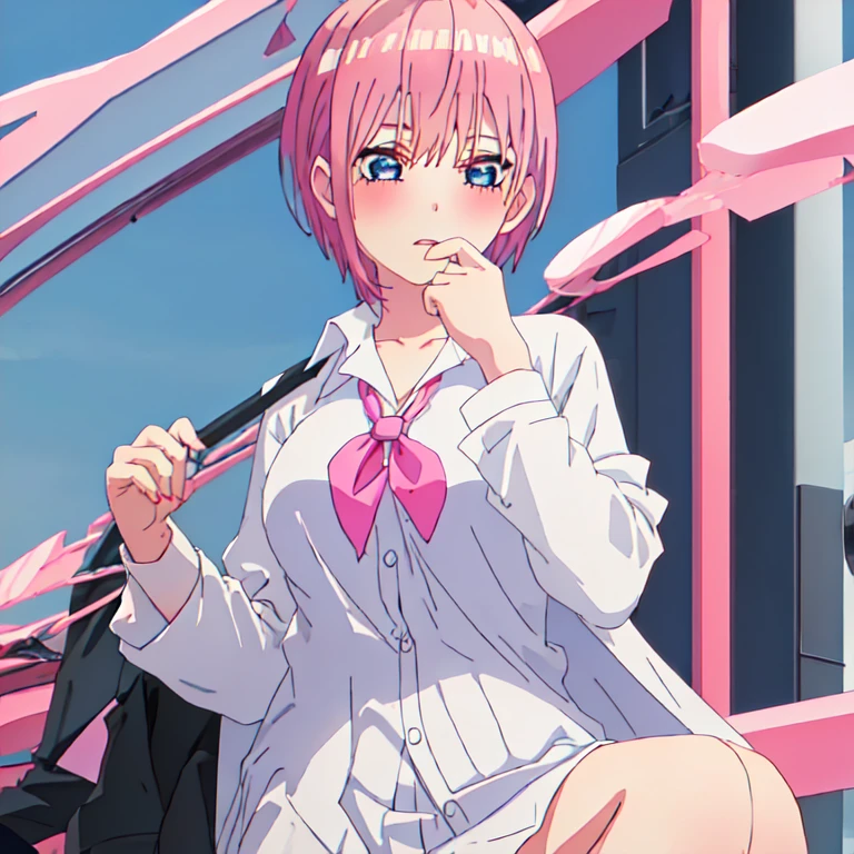 best quality, masterpiece, highres, solo, {nakano_ichika_gotoubunnohanayome:1.15}, pink_hair, short_hair, bangs, blue_eyes, blush, hair_between_eyes, closed_mouth, 1girl, black_jacket, blazer, collared_shirt, jacket, looking_at_viewer, open_mouth, school_uniform, shirt, white_shirt, collarbone, dress_shirt, open_clothes, upper_body, :o, open_jacket, polka_dot, polka_dot_background, white_background