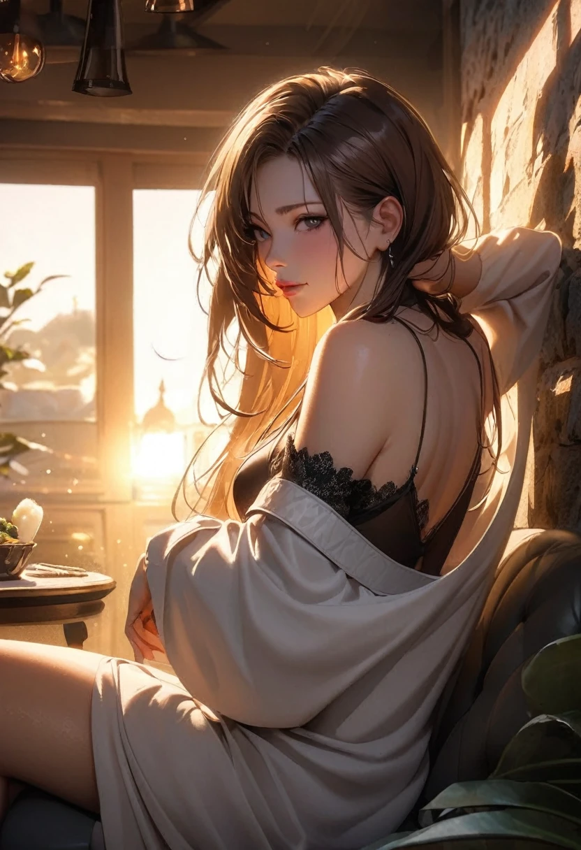 (Realistic:1.2), Ultra detailed, Gorgeous ager with brown hair, sitting on the sofa, en robe en large  velours vert, aux   gros  seins pleins nus, bare shoulders, petites taches de rousseur, ambiance intimiste, look Attractive,  mignonne et sexy, Posant, (elle écoute dans le silence retentissant, tilting your head slightly to the side), appartements sombres,  Evening light,  backlight, rougir, taquinerie, Attractive. very stylized. profondeur de champ, effet bokeh, backlit, elegant, elegant, Stunning, visuellement riche, chef-d&#39;artwork, photo de tout le corps. Gros seins