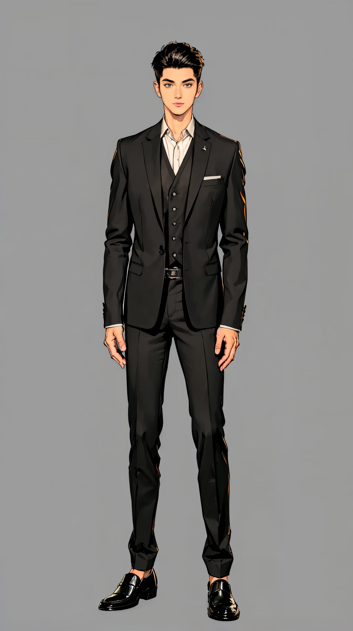 ((best quality,4k,highres,masterpiece:1.2)),((character concept art)), 1 male, teenage male, Japanese Rich ???, ((black hair, stylishly tousled)), black hair, (fair skin colour), ultra finely detailed eyes (black eyes colour), handsome, tall, lean muscular body build, ((intricate detail)), super finely detailed hands, ultra finely detailed fingers(((ten fingers))), tailored wool pants, polo shirt, brown penny loafers, (standing confidently), womanizer, charming, outgoing, spoiled, (front view only), (full body showcase), (show full body), (no logos on background), (no logo), ((plain background)), ((plain background)), (((empty background)))