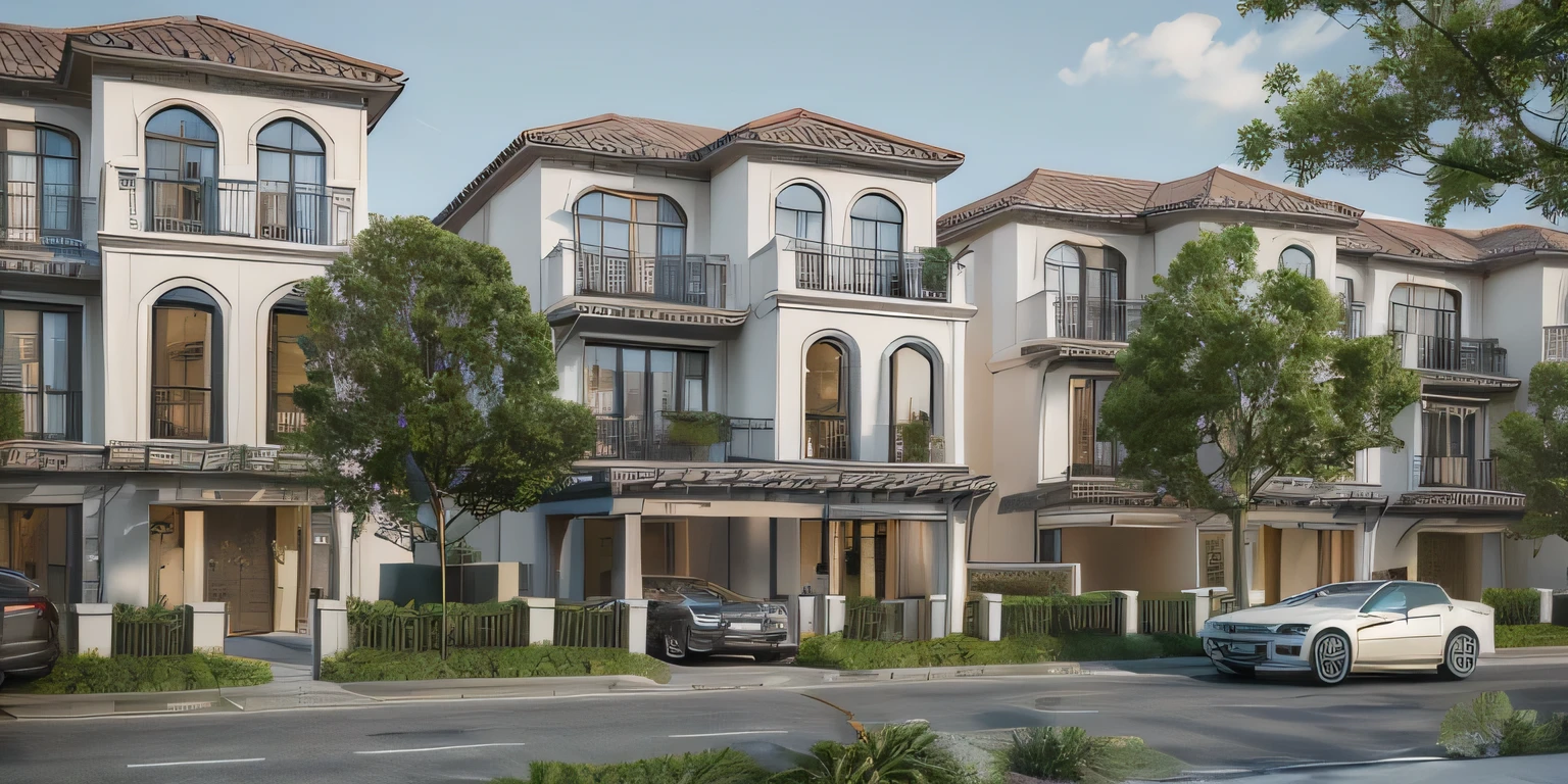 there are many cars parked in front of a row of houses, high quality rendering, inter dimensional villa, neo-classical, neo - classical, architectural rendering, quality rendering, cg rendering, high-quality render, villa, exterior design, architectural render, realistic cgi render, frontview, professional render, rendering, detailed rendering, 3 d photorealistic render, detailed image