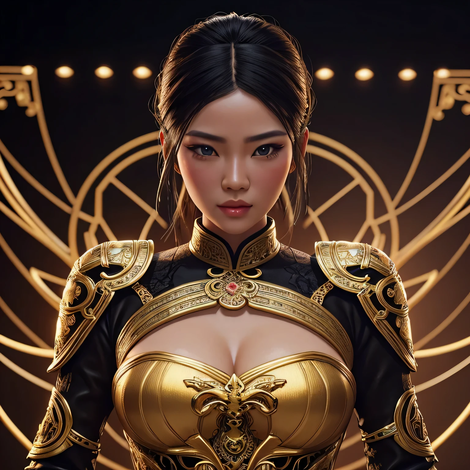 Character sheet, ultra-detailed complex 3d rendering with porcelain profile of Vietnamese character, maximalist beautiful studio soft light, rim lighting, vibrant details, lace, hyper-realistic, hand, facial muscles, electric wires, microchip, elegant, beautiful background, octane, H.R. style giger
