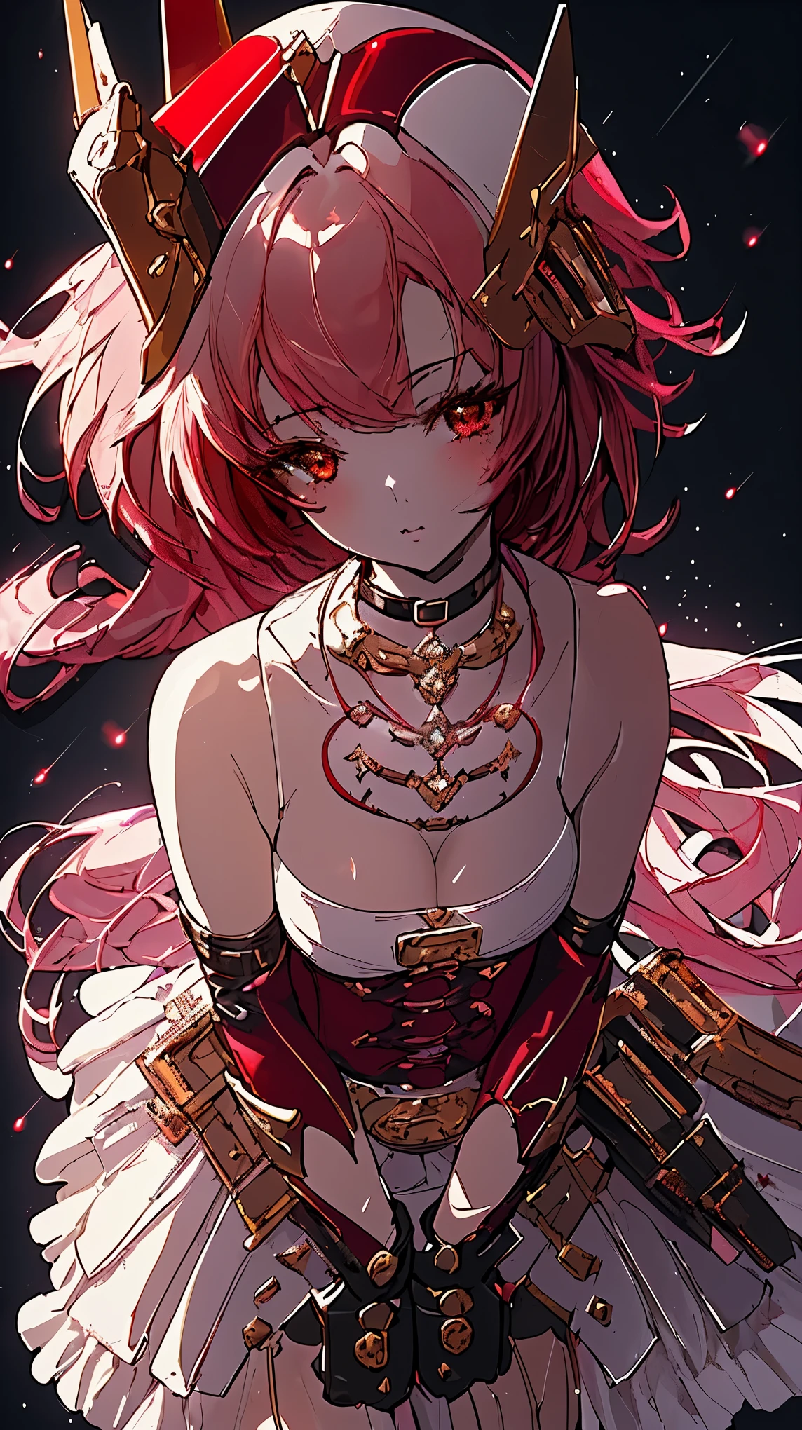 ((best quality)), ((masterpiece)), ((1girl)), ((red inner hair)), ((stockings belt)), bare shoulders, ((cap)), black eyes, white dress, high waist skirt, ((gloves)), flutter hair, camera angle Close-up shot, leadership, Black Narrow Neck Choker noble necklace