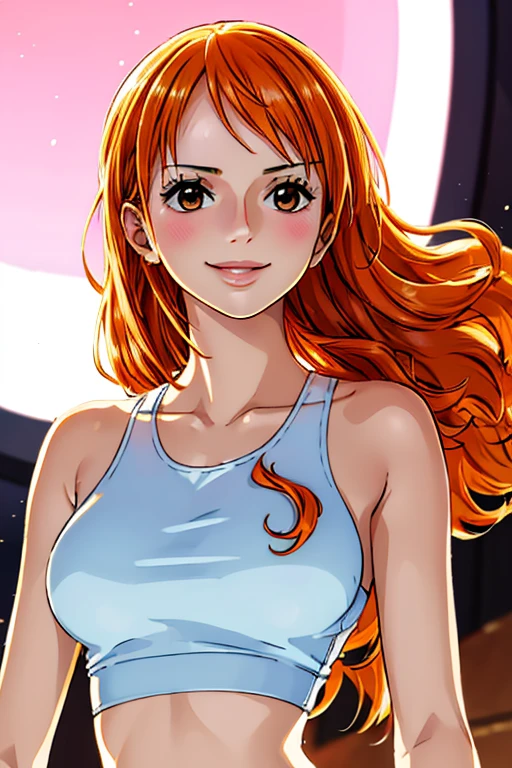 (((masterpiece))), (((best quality))), ((ultra-detailed)), (highly detailed CG illustration), Nami, (nsfw:1.2), (masterpiece:1.5), Detailed Photo, Smiling, Sexy, (Best Quality: 1.4), (1girl), Beautiful Face, (Orange Hair, long Hair: 1.3), Beautiful Hairstyle,  beautiful detail eyes, (realistic skin), beautiful skin, absurd, attractive, ultra high resolution, high definition, (sexually aroused:1.5), Pinkish white skin, cool white light, sexy pose, Beautiful , white background, pink soft white light, Wear a white tank top,