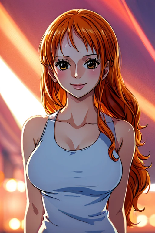 (((masterpiece))), (((best quality))), ((ultra-detailed)), (highly detailed CG illustration), Nami, (nsfw:1.2), (masterpiece:1.5), Detailed Photo, Smiling, Sexy, (Best Quality: 1.4), (1girl), Beautiful Face, (Orange Hair, long Hair: 1.3), Beautiful Hairstyle,  beautiful detail eyes, (realistic skin), beautiful skin, absurd, attractive, ultra high resolution, high definition, (sexually aroused:1.5), Pinkish white skin, cool white light, sexy pose, Beautiful , white background, pink soft white light, Wear a white tank top,