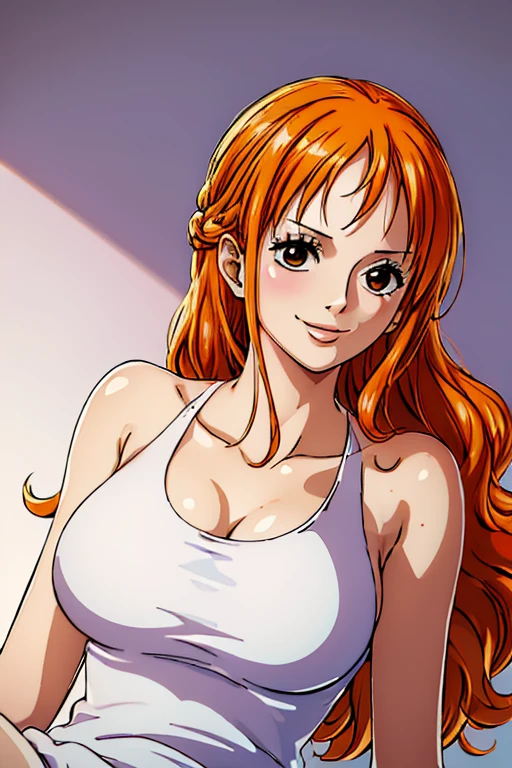 (((masterpiece))), (((best quality))), ((ultra-detailed)), (highly detailed CG illustration), Nami, (nsfw:1.2), (masterpiece:1.5), Detailed Photo, Smiling, Sexy, (Best Quality: 1.4), (1girl), Beautiful Face, (Orange Hair, long Hair: 1.3), Beautiful Hairstyle,  beautiful detail eyes, (realistic skin), beautiful skin, absurd, attractive, ultra high resolution, high definition, (sexually aroused:1.5), Pinkish white skin, cool white light, sexy pose, Beautiful , white background, pink soft white light, Wear a white tank top,