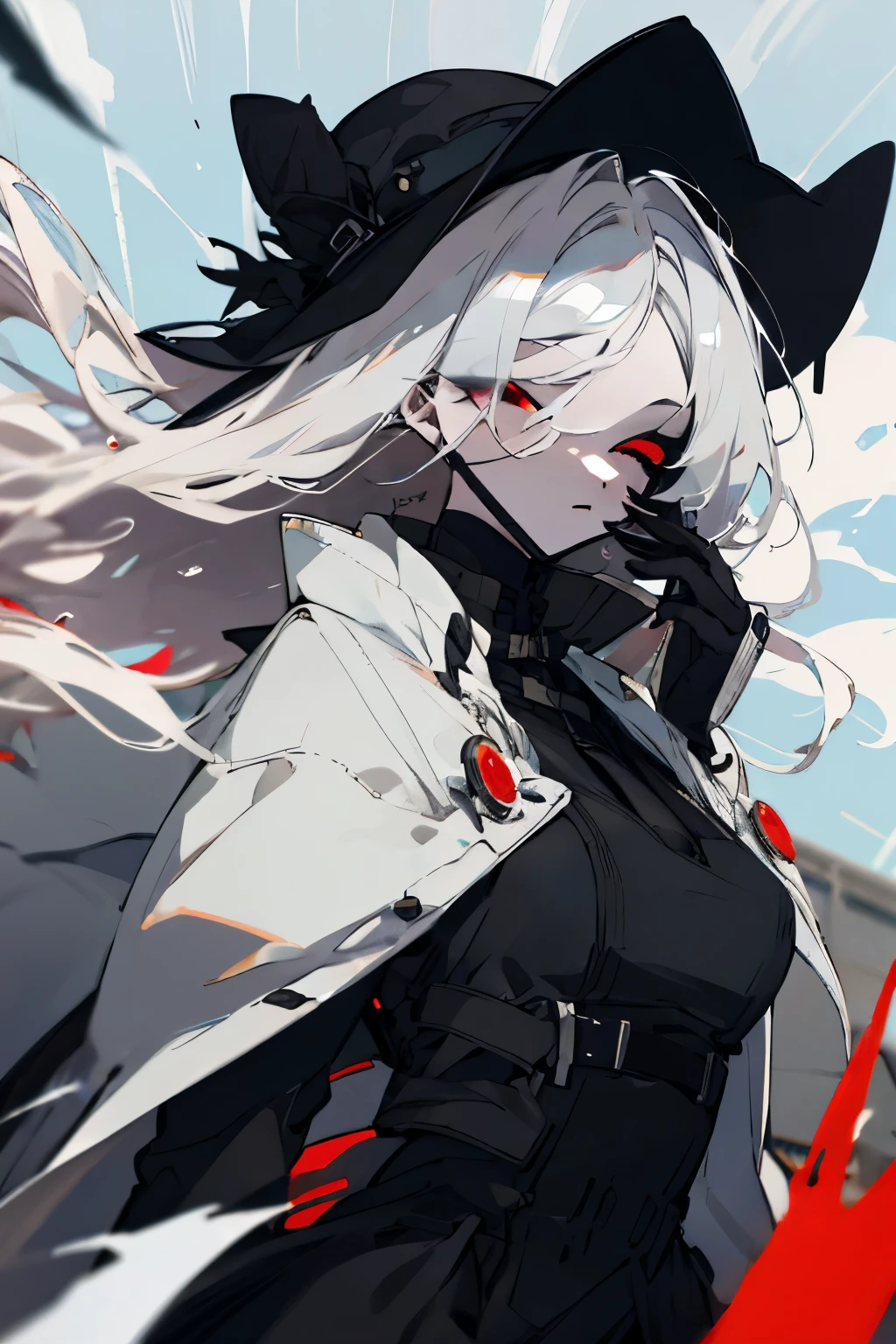 Anime Cowgirl Female Wearing a ten-gallon hat Black costume Black ball mask that covers her eyes White hair Cool beauty Long hair blowing in the wind Red eyes Dark eye shadow Holding a black lasso