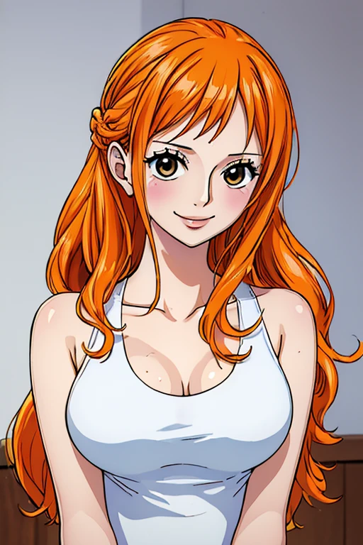 (((masterpiece))), (((best quality))), ((ultra-detailed)), (highly detailed CG illustration), Nami, (nsfw:1.2), (masterpiece:1.5), Detailed Photo, Smiling, Sexy, (Best Quality: 1.4), (1girl), Beautiful Face, (Orange Hair, long Hair: 1.3), Beautiful Hairstyle,  beautiful detail eyes, (realistic skin), beautiful skin, absurd, attractive, ultra high resolution, high definition, (sexually aroused:1.5), Pinkish white skin, cool white light, sexy pose, Beautiful , white background, pink soft white light, Wear a white tank top,