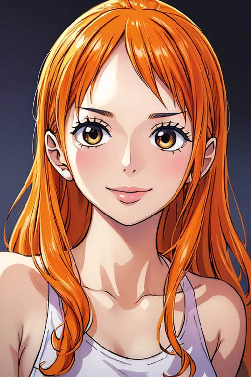 (((masterpiece))), (((best quality))), ((ultra-detailed)), (highly detailed CG illustration), Nami, (nsfw:1.2), (masterpiece:1.5), Detailed Photo, Smiling, Sexy, (Best Quality: 1.4), (1girl), Beautiful Face, (Orange Hair, long Hair: 1.3), Beautiful Hairstyle, beautiful detail eyes, (realistic skin), beautiful skin, absurd, attractive, ultra high resolution, high definition, (sexually aroused:1.5), Pinkish white skin, cool white light, sexy pose, Beautiful , white background, pink soft white light, Wear a white tank top,