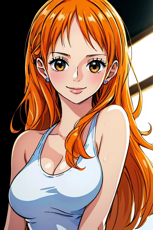 (((masterpiece))), (((best quality))), ((ultra-detailed)), (highly detailed CG illustration), Nami, (nsfw:1.2), (masterpiece:1.5), Detailed Photo, Smiling, Sexy, (Best Quality: 1.4), (1girl), Beautiful Face, (Orange Hair, long Hair: 1.3), Beautiful Hairstyle, beautiful detail eyes, (realistic skin), beautiful skin, absurd, attractive, ultra high resolution, high definition, (sexually aroused:1.5), Pinkish white skin, cool white light, sexy pose, Beautiful , white background, pink soft white light, Wear a white tank top,