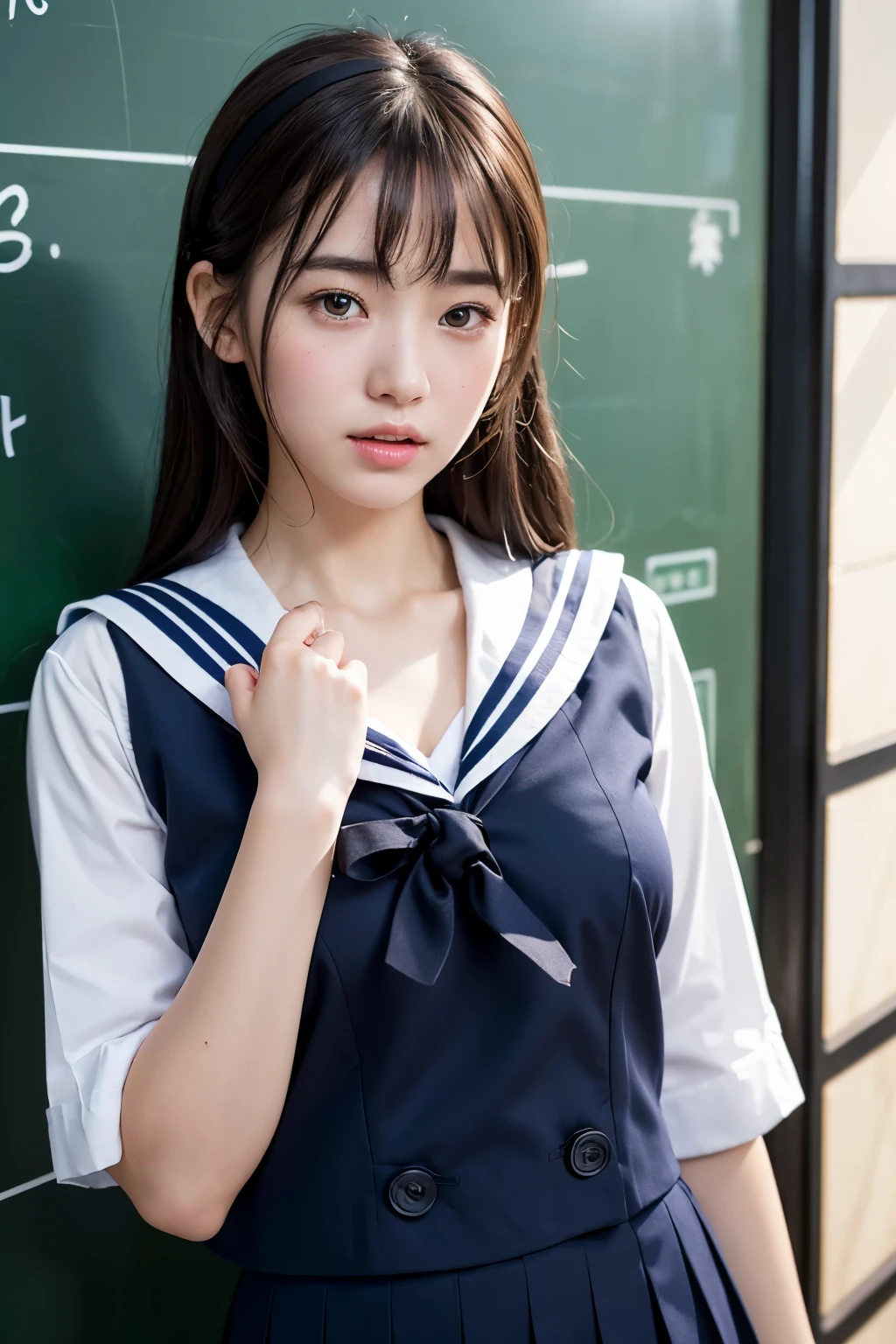 16 year old cute Japanese girl、Navel exposed、super mini skirt、thin legs、thin hands、Narrow waist、1 big breasted girl、(Highest image quality:1.4)、(Super detailed)、(Super detailed美顔)、(real、photorealistic:1.37)、wonderful face and eyes、black eye、black hair、(sailor suit、school uniform:1.2)、(cleavage)、smooth、Highly detailed CG integrated 8K wallpaper、High resolution raw color photos、professional photos、Light、Backlight、dream-like、impressive、Write boundary depth、