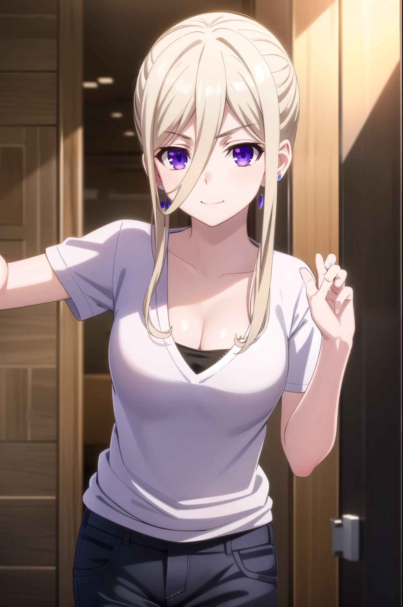 ellenmiramathers, ellen mira mathers , alluring smile, long hair, blonde hair, (purple eyes:1.1), g cup breast,earrings, shirt , white shirt, short sleeve, cleavage, black trousers, alluring pose
BREAK ,
BREAK indoors, office,
BREAK looking at viewer, (cowboy shot:1.5),
BREAK (masterpiece:1.2), best quality, high resolution, unity 8k wallpaper, (illustration:0.8), (beautiful detailed eyes:1.6), extremely detailed face, perfect lighting, extremely detailed CG,(perfect hands, perfect anatomy),