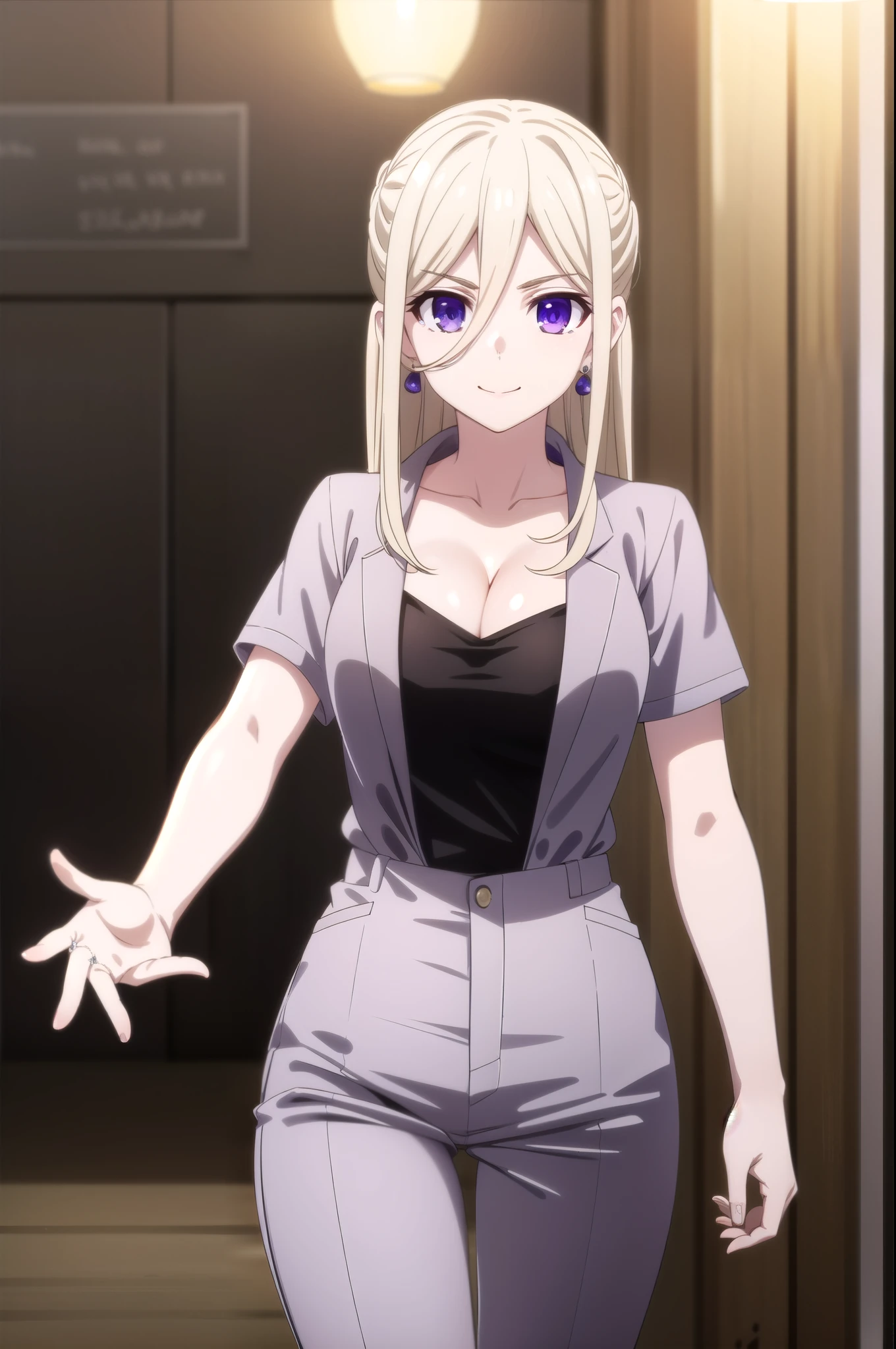 ellenmiramathers, ellen mira mathers , alluring smile, long hair, blonde hair, (purple eyes:1.1), g cup breast,earrings, shirt , white shirt, short sleeve, cleavage, black trousers, alluring pose
BREAK ,
BREAK indoors, office,
BREAK looking at viewer, (cowboy shot:1.5),
BREAK (masterpiece:1.2), best quality, high resolution, unity 8k wallpaper, (illustration:0.8), (beautiful detailed eyes:1.6), extremely detailed face, perfect lighting, extremely detailed CG,(perfect hands, perfect anatomy),