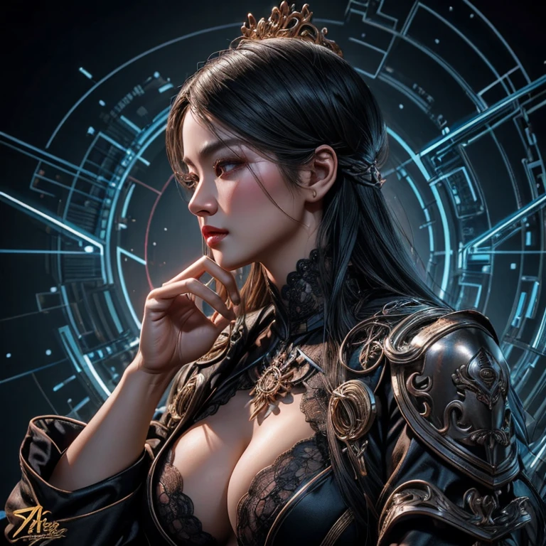 Character sheet, ultra-detailed complex 3d rendering with porcelain profile of Vietnamese character, maximalist beautiful studio soft light, rim lighting, vibrant details, lace, hyper-realistic, hand, facial muscles, electric wires, microchip, elegant, beautiful background, octane, H.R. style giger
