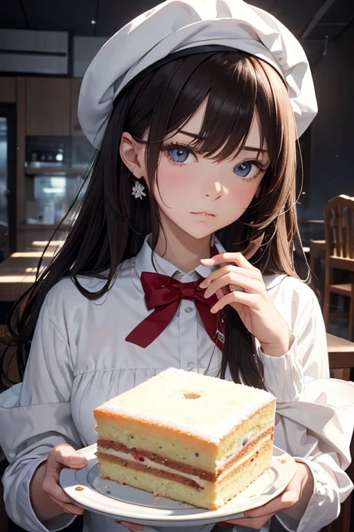 best quality, muste piece, ultra high resolution,troubled face、(holding a sponge cake in both hands: 1.2)、Dedicated to the top