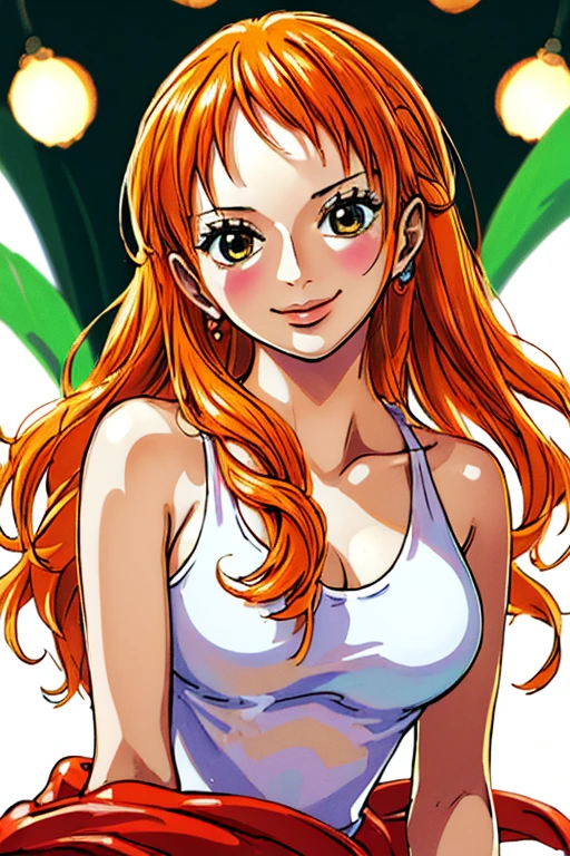 (((masterpiece))), (((best quality))), ((ultra-detailed)), (highly detailed CG illustration), Nami, (nsfw:1.2), (masterpiece:1.5), Detailed Photo, Smiling, Sexy, (Best Quality: 1.4), (1girl), Beautiful Face, (Orange Hair, long Hair: 1.3), Beautiful Hairstyle, beautiful detail eyes, (realistic skin), beautiful skin, absurd, attractive, ultra high resolution, high definition, (sexually aroused:1.5), Pinkish white skin, cool white light, sexy pose, Beautiful , white background, pink soft white light, Wear a white tank top,