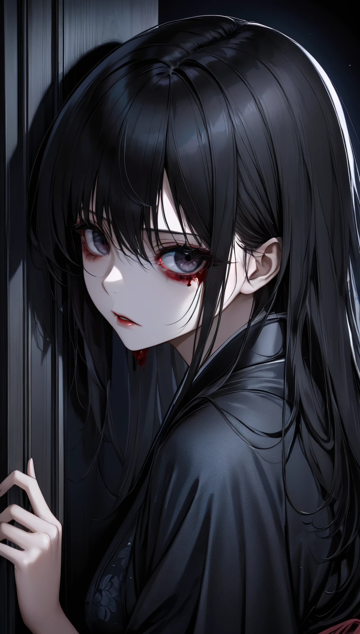 (girl:1.5), (horror:1.3), (black hair:1.5), (straight hair:1.5), (long hair:1.4), (messy hair:1.2), (Big eyes:1.2), (black eye:1.4), (glossy lips:1.3), (shaded face:1.4), (eyes widen:1.4), (blank eyes:1.4), (gloom expression:1.4), (cold expression:1.5), (eyes widen:1.4), (expression full of hatred:1.4), (shiny skin:1.5), (exquisite female body:1.5), (medium breasts:1.3), (black kimono:1.3), (skindentation:1.4), (blood:1.5), (sense of urgency:1.4), (peek through the gap in the door:1.4), (darkness:1.4), (hand prying open the door:1.4), (部屋の中はdarkness:1.4), (My eyes meet through the door:1.4), (profile:1.4), (bloody:1.4), (very close up:1.3), (face shot:1.3), (High resolution:1.2), (highest quality:1.2), (8K:1.2),