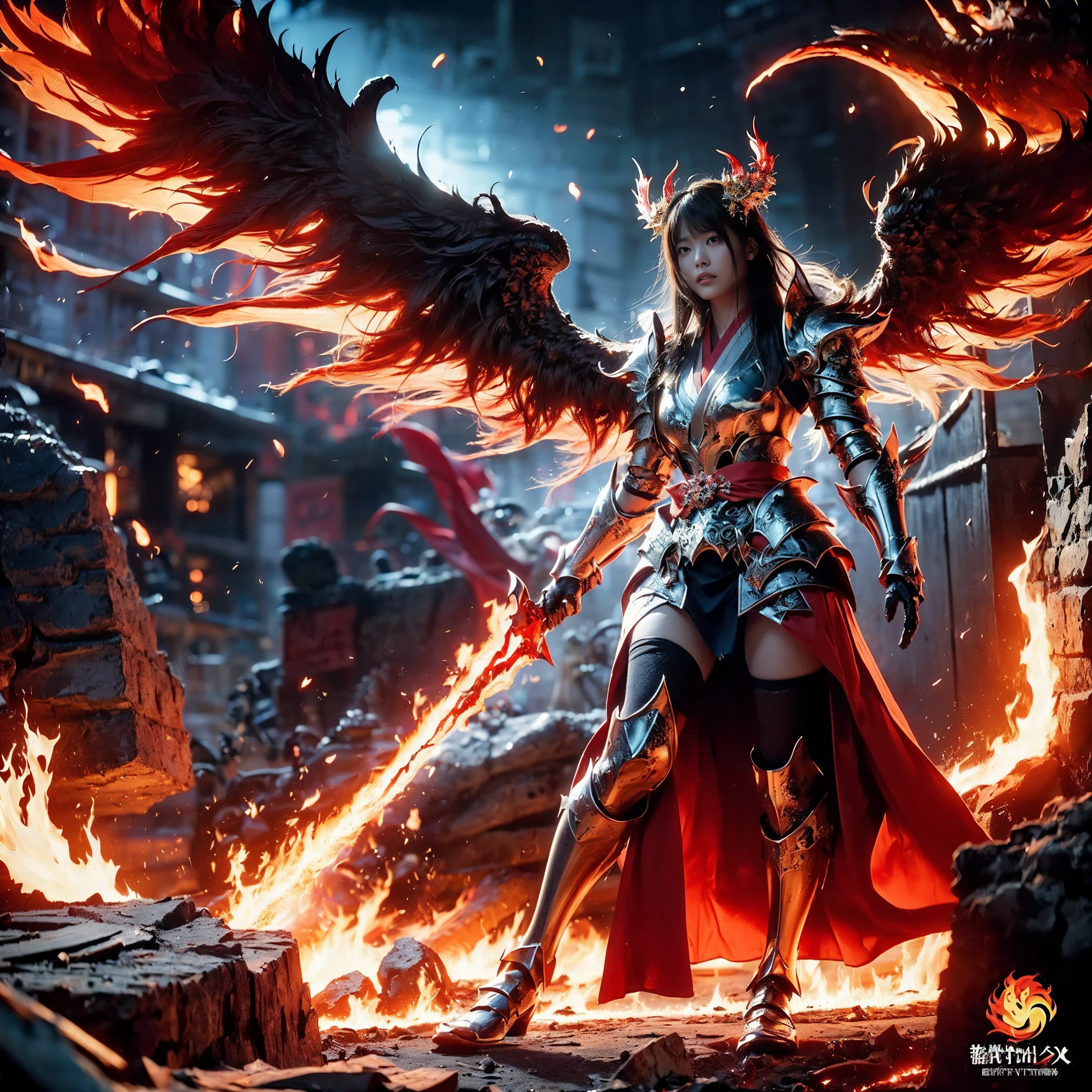 (((Realistic, masterpiece, best quality, crisp detail, high definition, high detail, very rich detail, sharp focus, sharp detail, colorful, rich color, perfect studio lightning))), ((20 years old, japanese goddess of hell, kasumi arimura)),(((in the middle of war, epic war scene))), wearing (((beautiful decorated golden heavy armor, phoenix armor, phoenix tails, decorated full body armor, fully armored beautiful kimono, wide colorful phoenix wings, blue aura))), (flying, floating, air attack stance, burning hands, holding fantasy weapon, blood scattered face, blood tears, blood bath, blood shed), (((fire everywhere, blood everywhere, death everywhere, japan bakumatsu period, dead bodies,carcass,burned japanese castle,hellish,chaos, hell fire, infernal molten lava land, erupting volcano)) burned traditional village background), shot from below