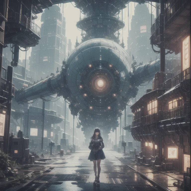 (highest quality、4k、8k、High resolution、master piece: 1.2)、Super detailed、(real、photorealistic、photorealistic: 1.37)、Destruction of a Great City、(A telekinetic woman stands in front of a giant jellyfish robot controlled by an invader.:1.37) 、(Women are young and beautiful、18-year-old、unparalleled beauty:1.5)、Insert mental barriers to resist robot attacks、vibrant cityscape、Bright colors、Shining skyscrapers、busy street、Futuristic architecture and technology、Advanced holographic display、Neon light splashes 、dramatic lighting、intense shadow、Awe-inspiring power that exudes from women、Determination in His Eyes、An elegant flowing gown、Dynamic action in the wind、Reach out and rush towards the robot.、A powerful energy emanates from the hands、Blue glowing aura、sparks of electricity、electricity crackling in the air、A vortex of energy surrounding a woman、A fascinating and surreal atmosphere、A sense of danger and impending destruction、Background chaos and destruction、Crumbling buildings、flying debris、Smoke and flames、 The contrast between beauty and destruction、The war between technology and the extraordinary power of young women,A jellyfish robot is destroyed by a telekinetic woman and falls apart