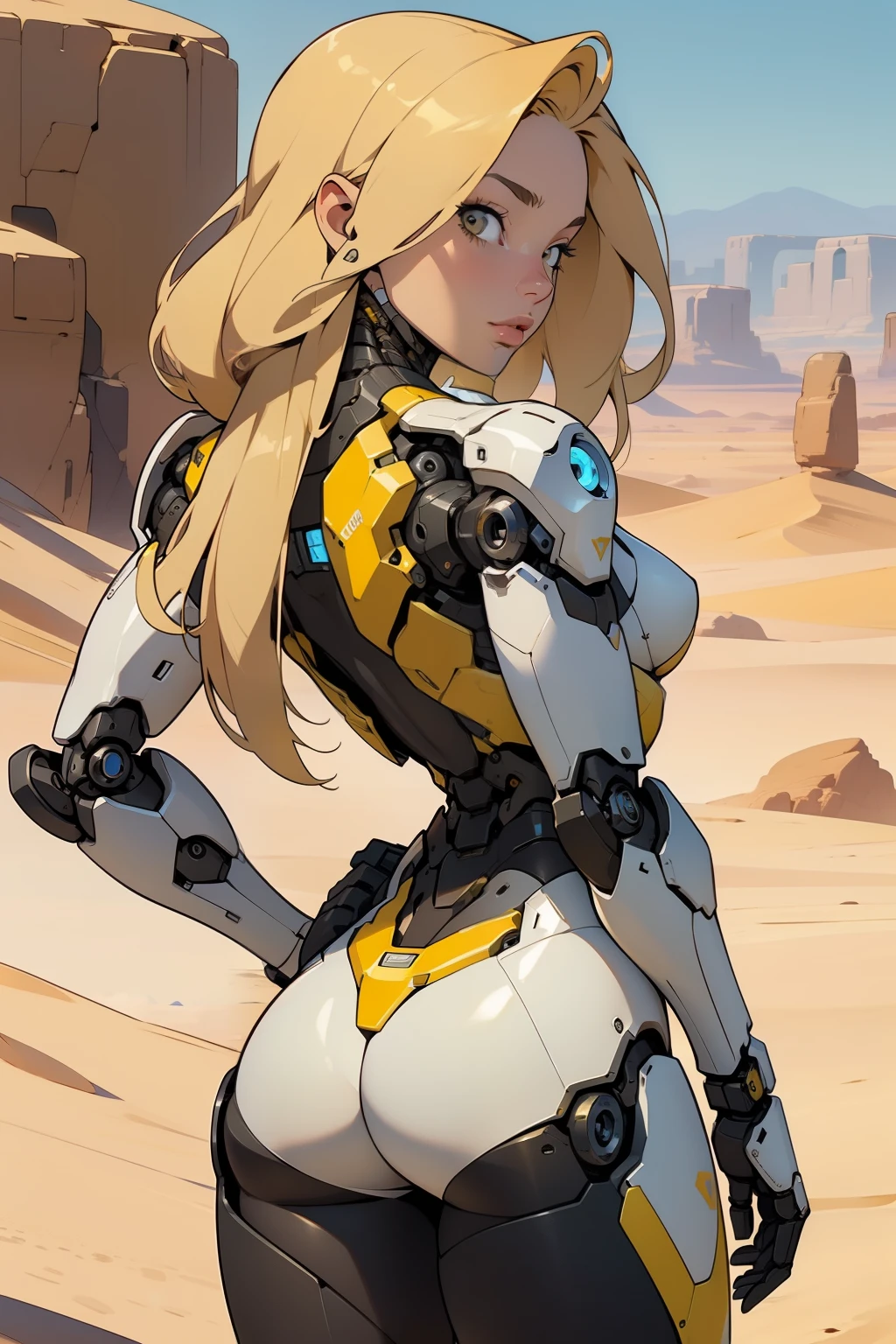 high quality, 4k, masterpiece, beautiful, cyborg girl, yellow design, cowboy shot, dull eyes, back side, turning around to look at viewer, long blonde hair, girl, small breasts, fit thigh, robotic arms, robotic body, cyborg body, yellow accent, redaccent, intricate detail, joint, detailed lines, robotic detail, 1fist on hip, color robotic parts, robotic parts with color, perfect fingers, on a desert planet, sunny background, colorful desert,