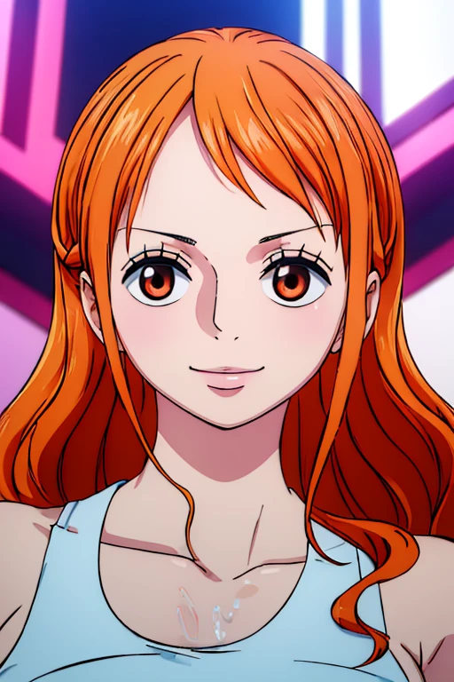 (((masterpiece))), (((best quality))), ((ultra-detailed)), (highly detailed CG illustration), Nami, (nsfw:1.2), (masterpiece:1.5), Detailed Photo, Smiling, Sexy, (Best Quality: 1.4), (1girl), Beautiful Face, (Orange Hair, long Hair: 1.3), Beautiful Hairstyle,  beautiful detail eyes, (realistic skin), beautiful skin, absurd, attractive, ultra high resolution, high definition, (sexually aroused:1.5), Pinkish white skin, cool white light, sexy pose, Beautiful , white background, pink soft white light, Wear a white tank top,