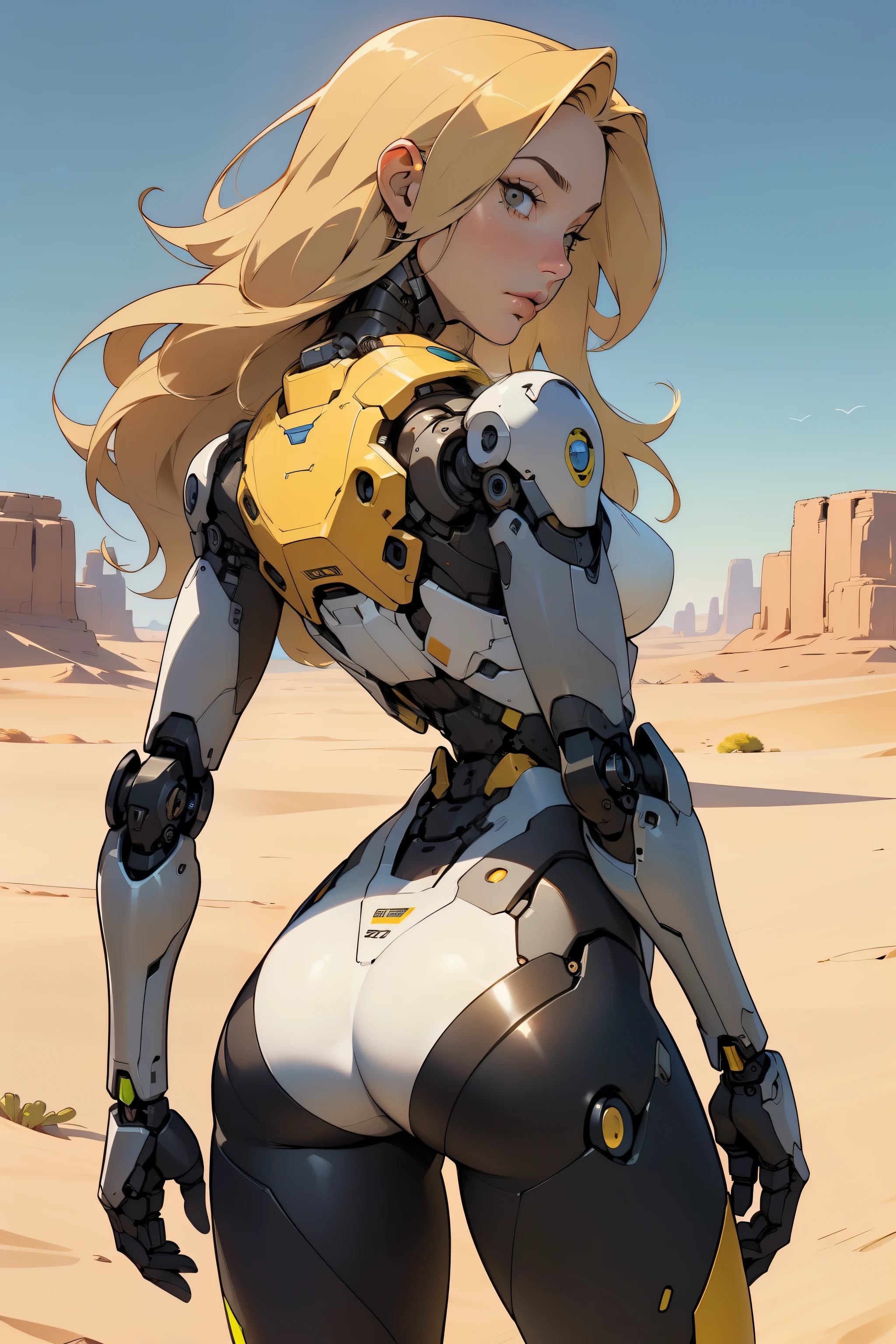 high quality, 4k, masterpiece, beautiful, cyborg girl, yellow design, cowboy shot, dull eyes, back side, turning around to look at viewer, long blonde hair, girl, small breasts, fit thigh, robotic arms, robotic body, cyborg body, yellow accent, redaccent, intricate detail, joint, detailed lines, robotic detail, 1fist on hip, color robotic parts, robotic parts with color, perfect fingers, on a desert planet, sunny background, colorful desert,
