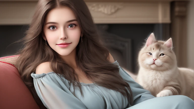 Here's the translation of the keywords into English:

1. Ukrainian girl
2. Sitting on a sofa by the fireplace
3. Blue eyes
4. Shoulder-length brown hair
5. Slender-strapped dress
6. Realistic photography style
7. High definition
8. Vivid details
9. Realistic character
10. Extremely charming
11. Cat sleeping
12. Hair flowing in the wind
13. Brown long hair past the shoulders
14. Depth of field effect
15. Frontal face shot
16. Persian cat lying on her lap
17. Faint mole under the corner of the left eye
18. Faint crow's feet at the corners of the eyes
19. Artistic portrait
20. Soft surrounding light
21. Modeled after "Tina Karol"
22. Surreal
23. Hyperrealistic
24. Smiling