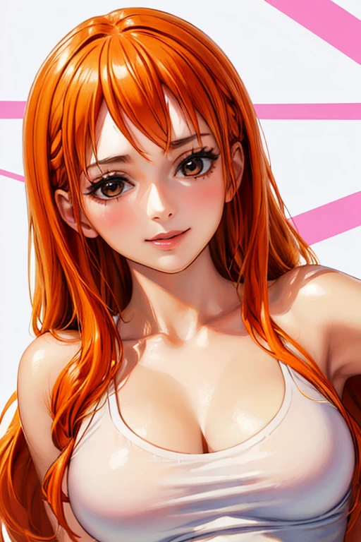 (((masterpiece))), (((best quality))), ((ultra-detailed)), (highly detailed CG illustration), Nami, (nsfw:1.2), (masterpiece:1.5), Detailed Photo, Smiling, Sexy, (Best Quality: 1.4), (1girl), Beautiful Face, (Orange Hair, long Hair: 1.3), Beautiful Hairstyle,  beautiful detail eyes, (realistic skin), beautiful skin, absurd, attractive, ultra high resolution, high definition, (sexually aroused:1.5), Pinkish white skin, cool white light, sexy pose, Beautiful , white background, pink soft white light, Wear a white tank top,