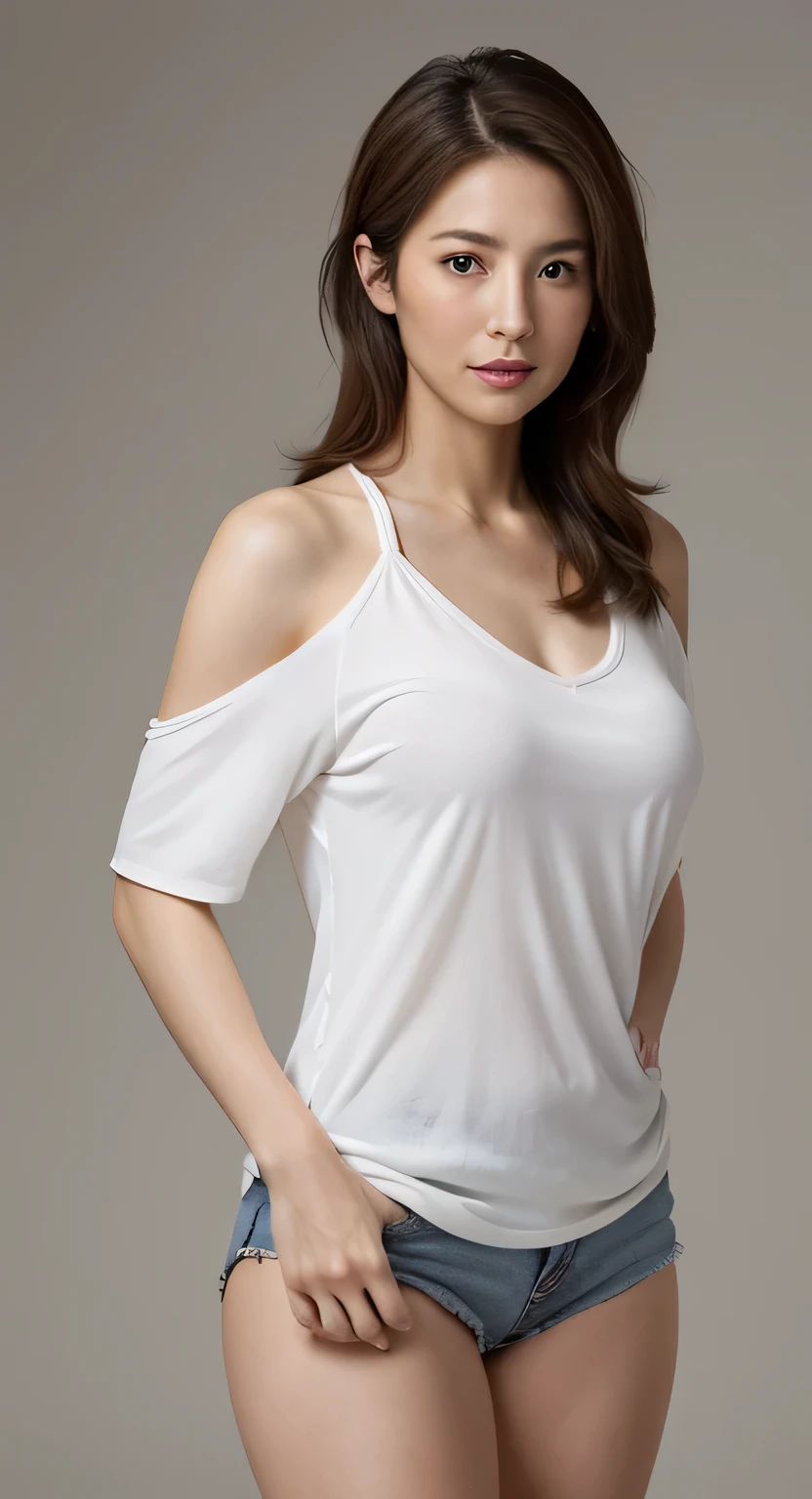 High resolution, High level image quality, high detail, masterpiece, rough skin, anatomically correct, sharp, gray background((japanese mature, 30 years old)), alone, ((facial wrinkles)), good shape big breasts, Straight light brown hair that reaches to the shoulders, Chubby body type (((stand upright facing forward.))), Close your mouth and look straight ahead with a serious face, White summer sexy casual wear,   ((cowboy shot)),