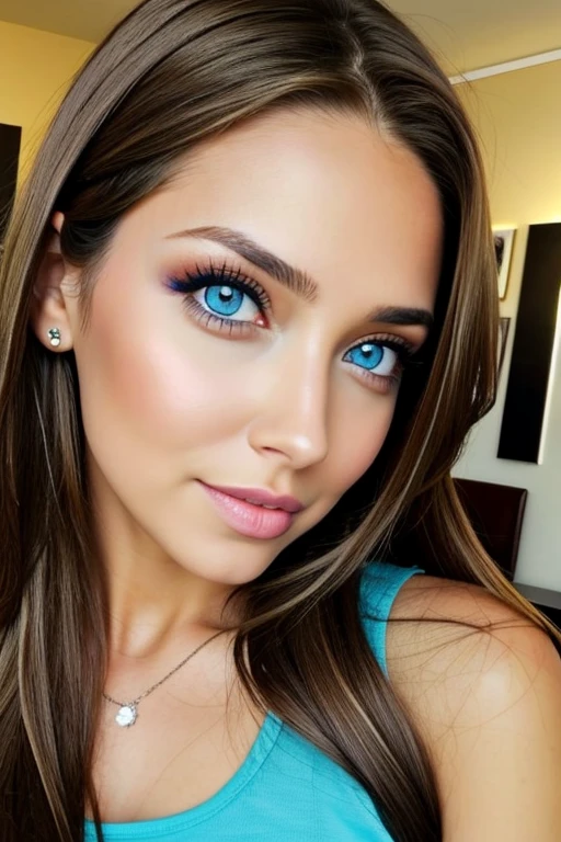 Una chica muy sexy, long light brown hair, ojos azul claro, ,muy sexy y realista , se esta mirando al espejo ,se rie ,y teniendo todas trenzas hechas ,tiene piesta crema en la cara y se esta riendo ,cuerpo entero y miy realista