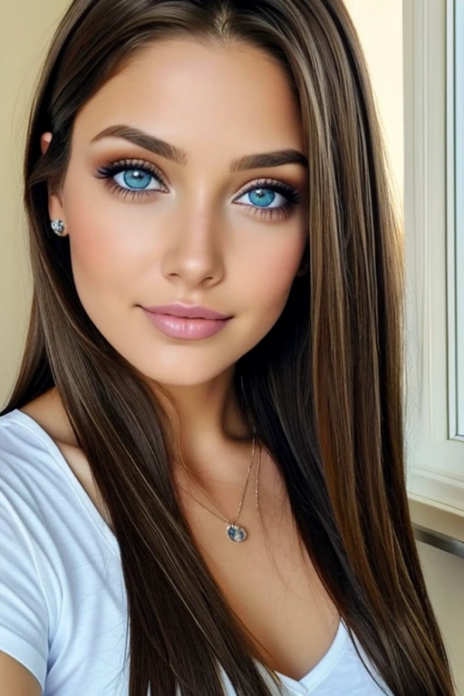 Una chica muy sexy, long light brown hair, ojos azul claro,  ,muy sexy y realista , se esta mirando al espejo ,se rie ,y teniendo todas trenzas hechas  ,tiene piesta crema en la cara y se esta riendo ,cuerpo entero y miy realista