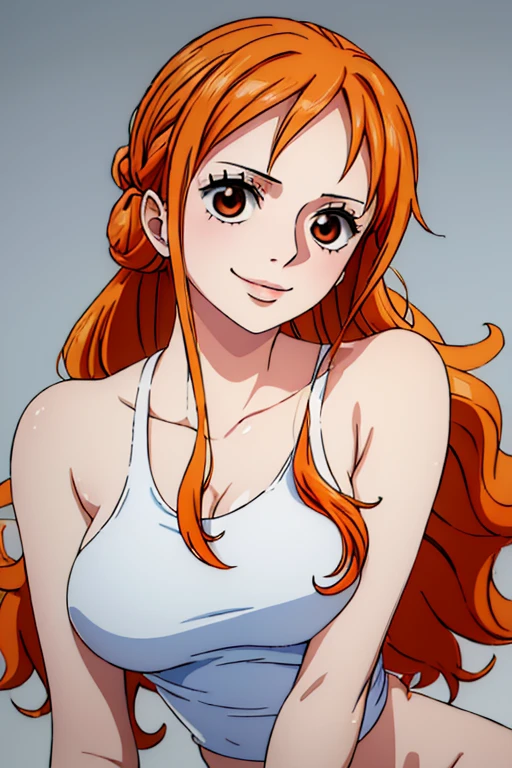 (((masterpiece))), (((best quality))), ((ultra-detailed)), (highly detailed CG illustration), Nami, (nsfw:1.2), (masterpiece:1.5), Detailed Photo, Smiling, Sexy, (Best Quality: 1.4), (1girl), Beautiful Face, (Orange Hair, long Hair: 1.3), Beautiful Hairstyle,  beautiful detail eyes, (realistic skin), beautiful skin, absurd, attractive, ultra high resolution, high definition, (sexually aroused:1.5), Pinkish white skin, cool white light, sexy pose, Beautiful , white background, pink soft white light, Wear a white tank top,